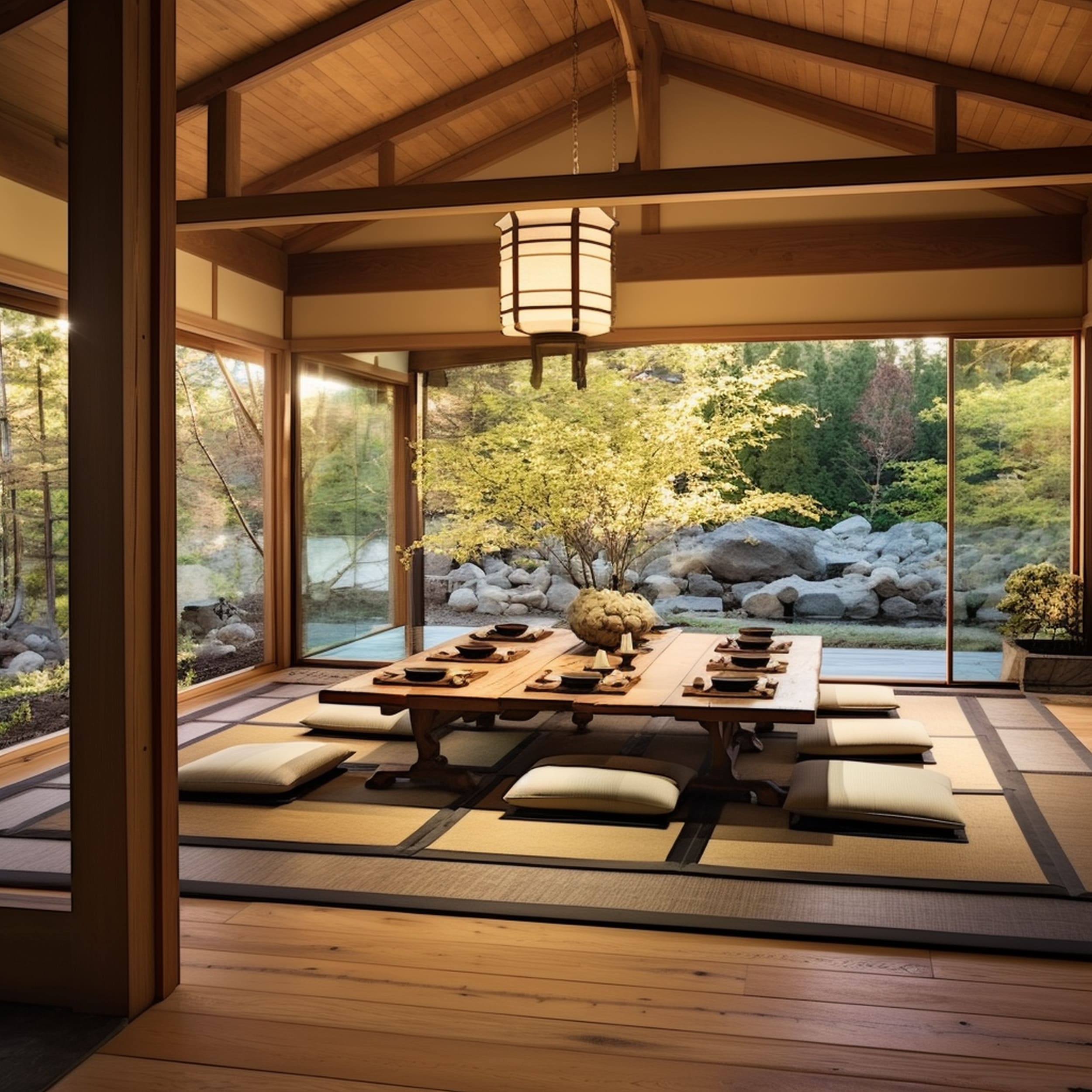 Japanese Style Dining Room With Large Windows