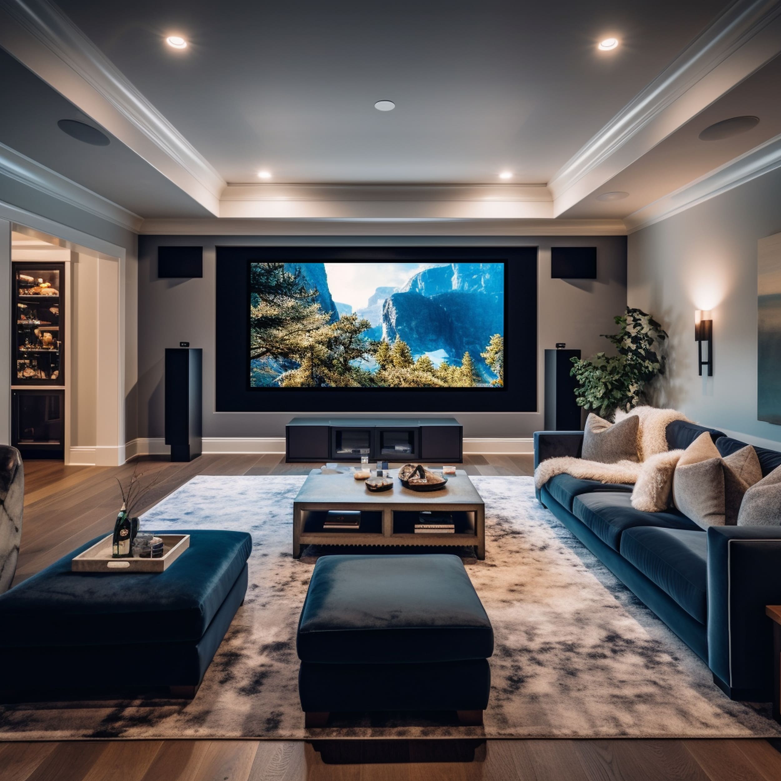 Large Living Room With a Big TV and Navy Blue Furniture