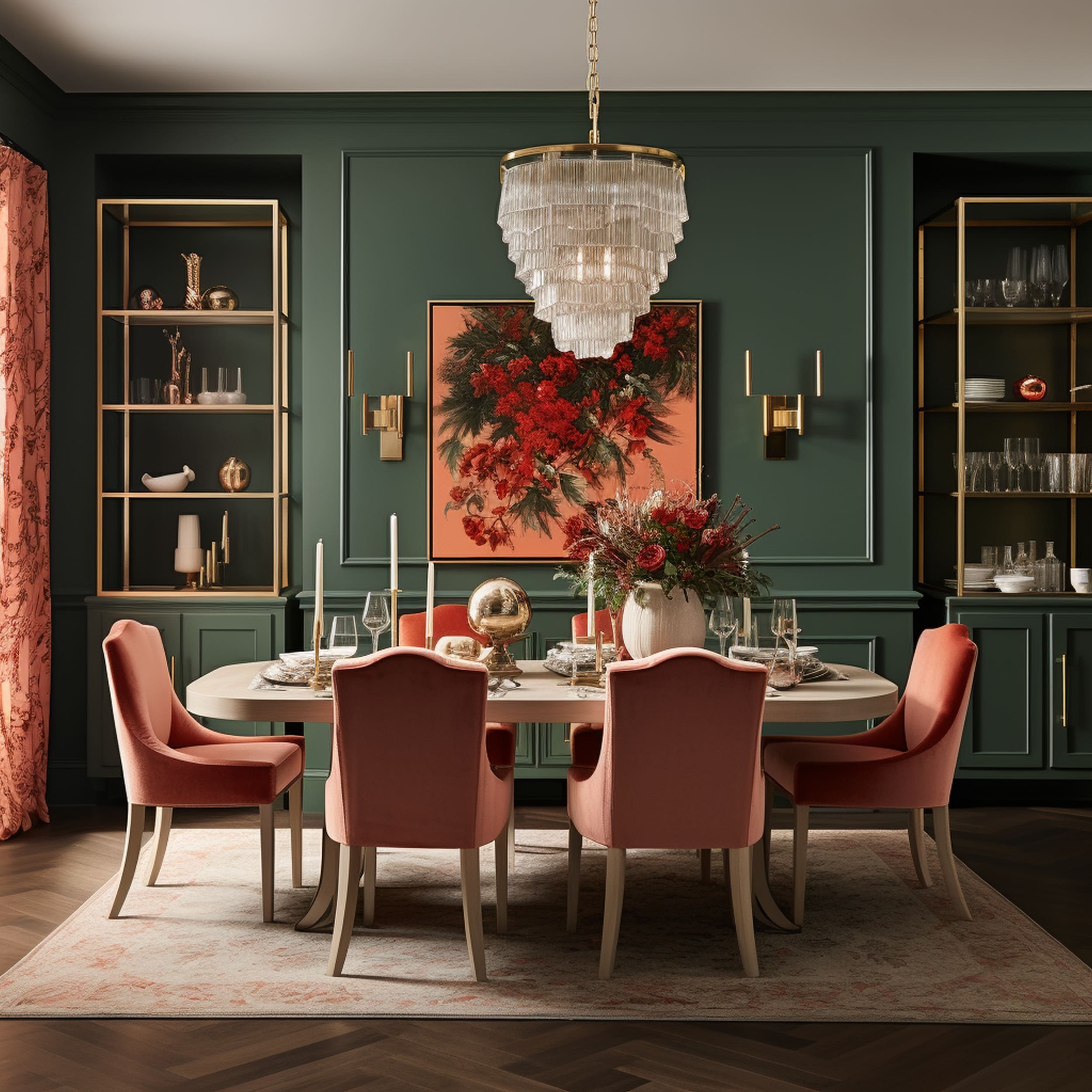 Luxurious Green Dining Room With Coral Chairs and Artwork