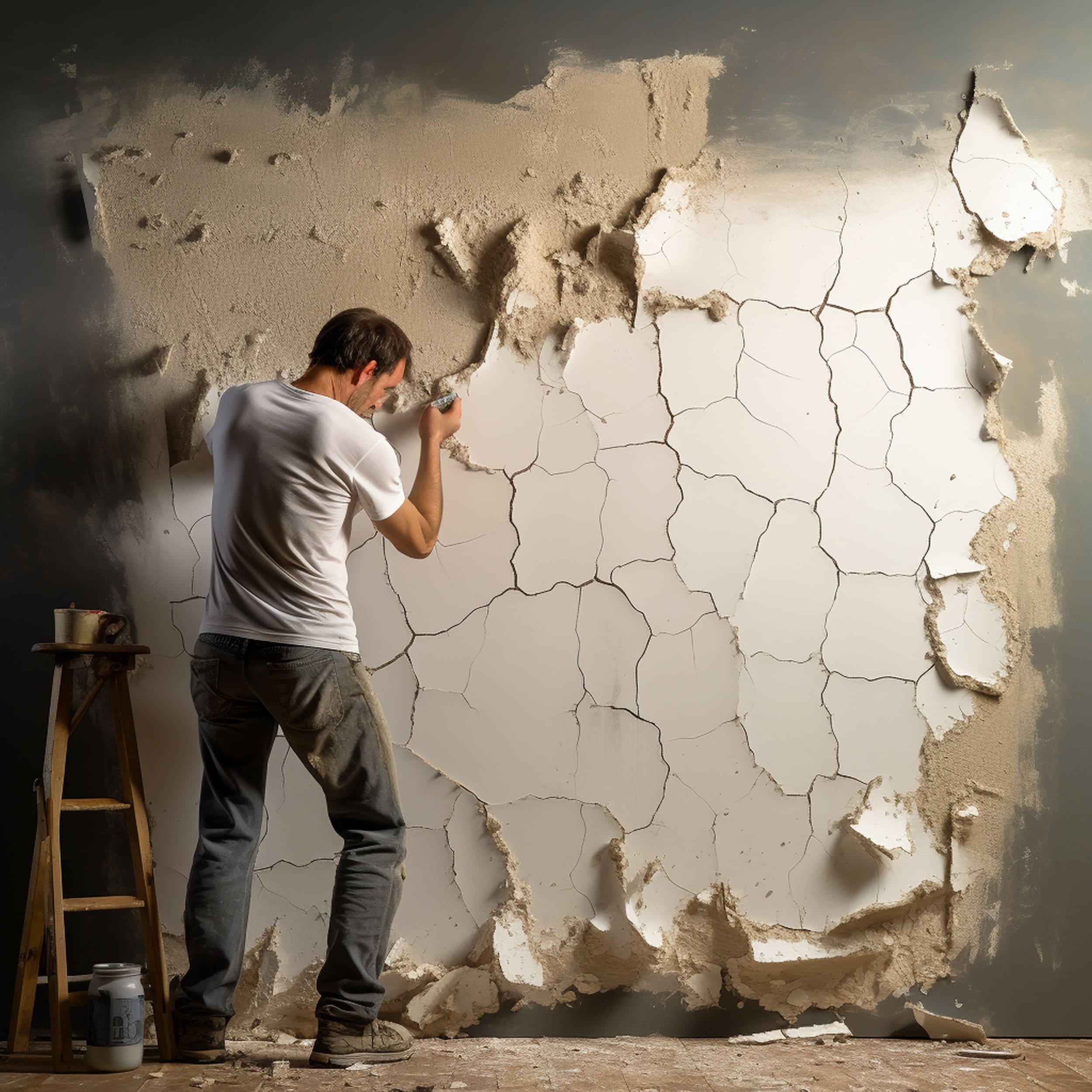 Man Working to Repaint Wall With Peeling Paint