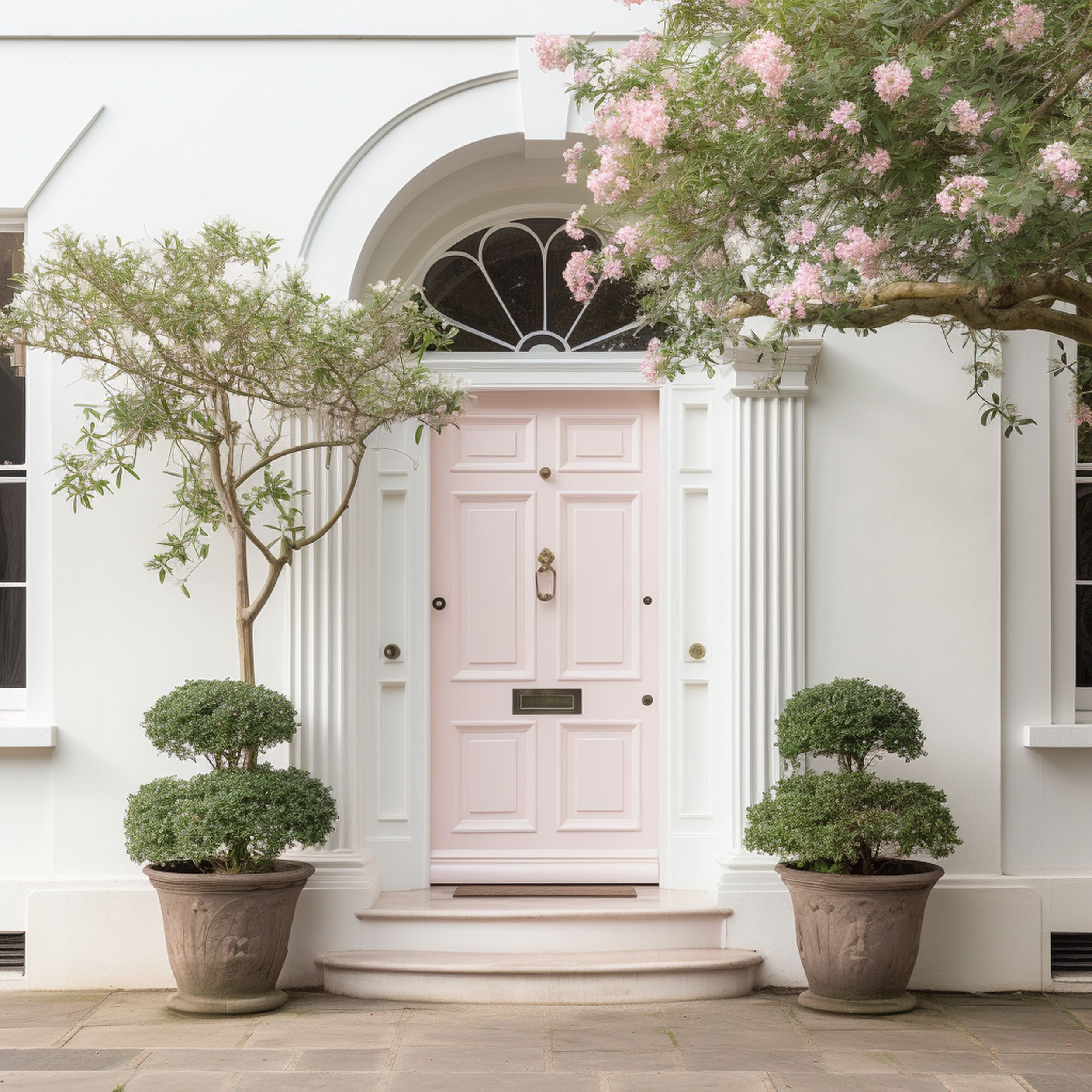 Pale Pink Front Door on a White House