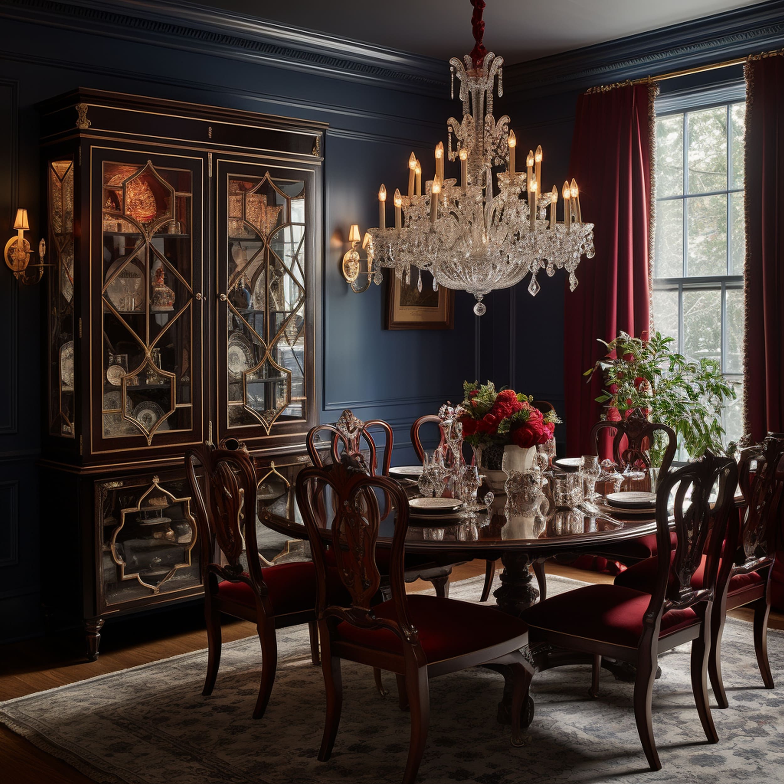 Traditional Dining Room With Navy Blue Walls and Burgundy Chairs