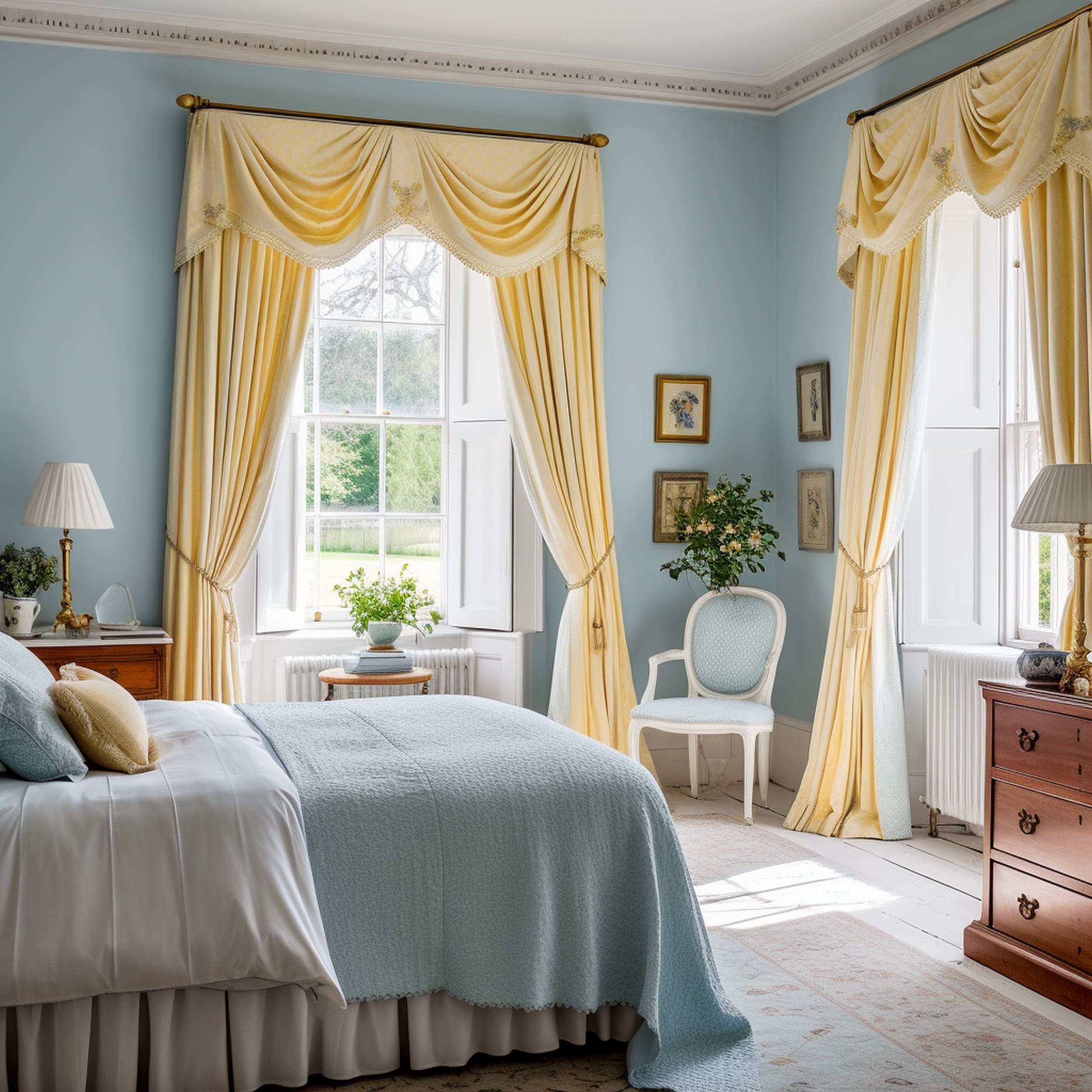 Traditional Light Blue Bedroom With Yellow Curtains