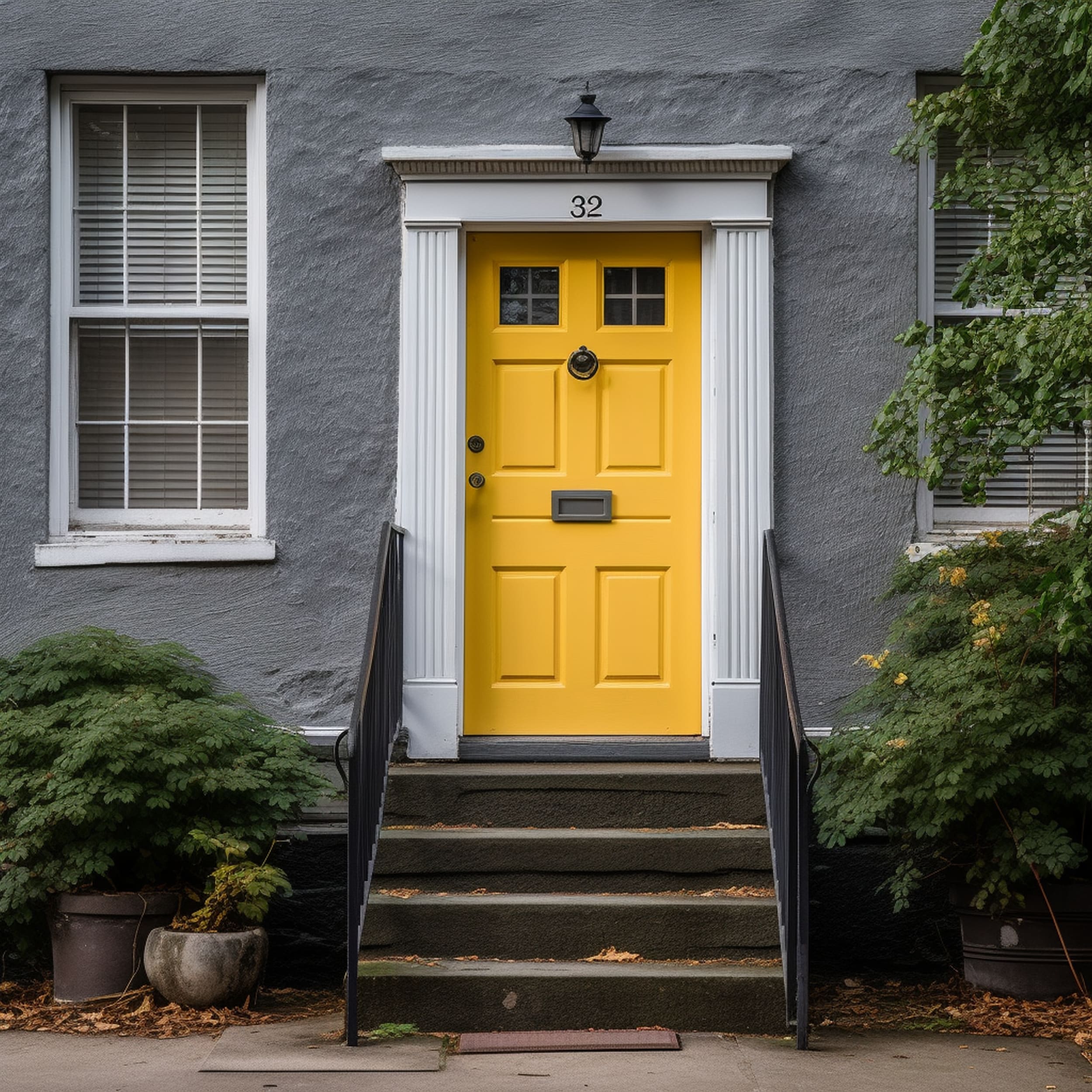 Yellow Front Door on a Gray House