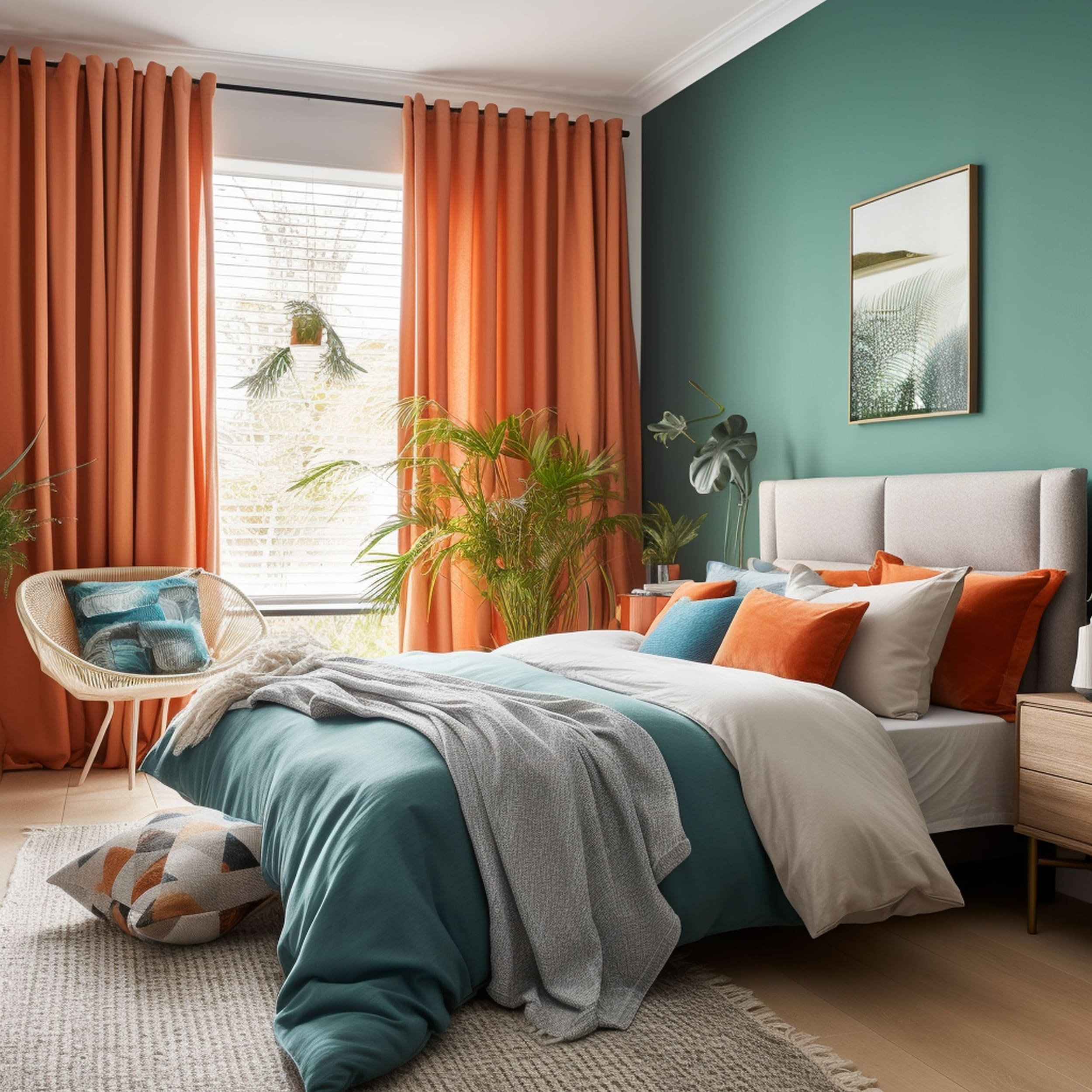 Bedroom With a Green Wall and Orange Curtains