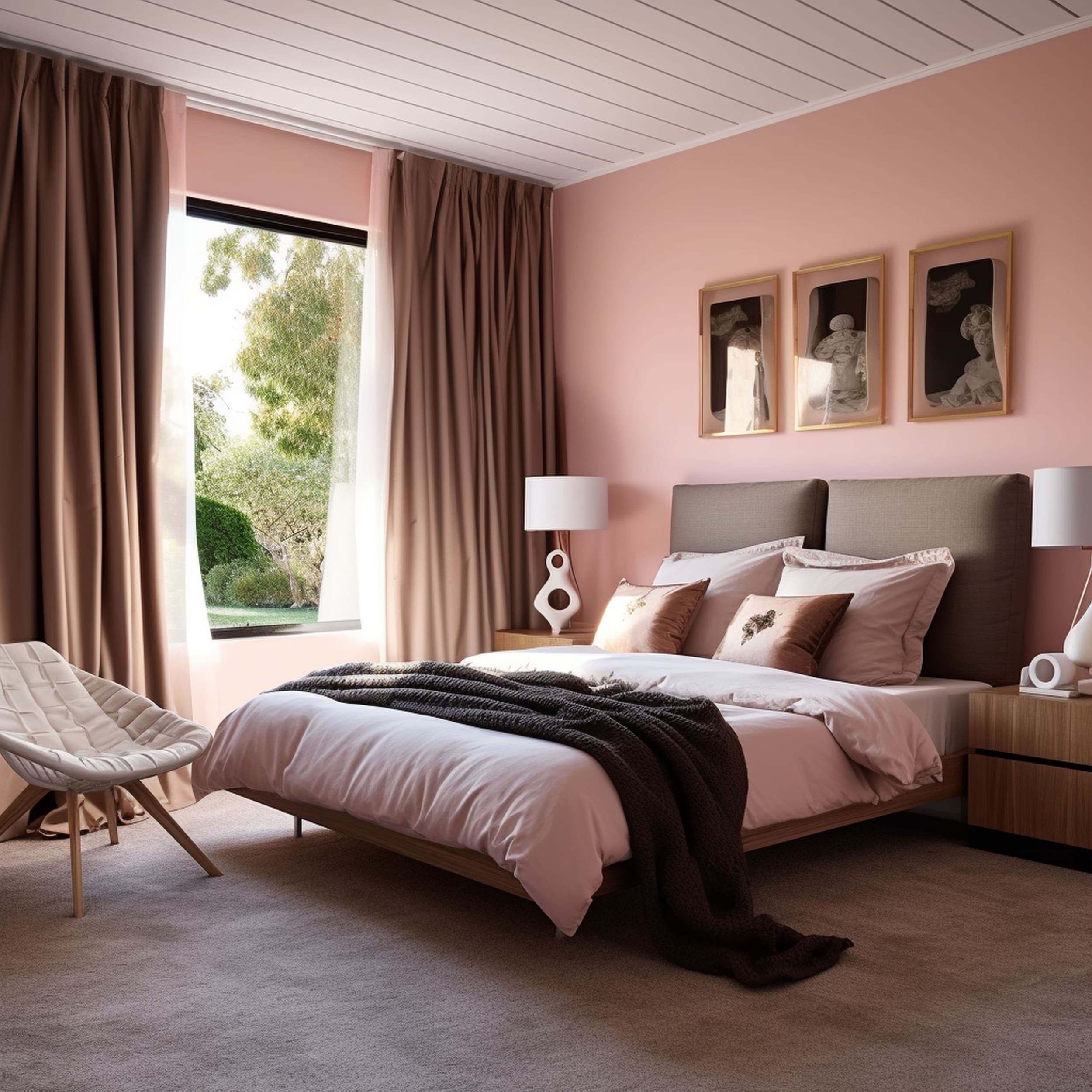 Bedroom With Pink Walls and Brown Curtains