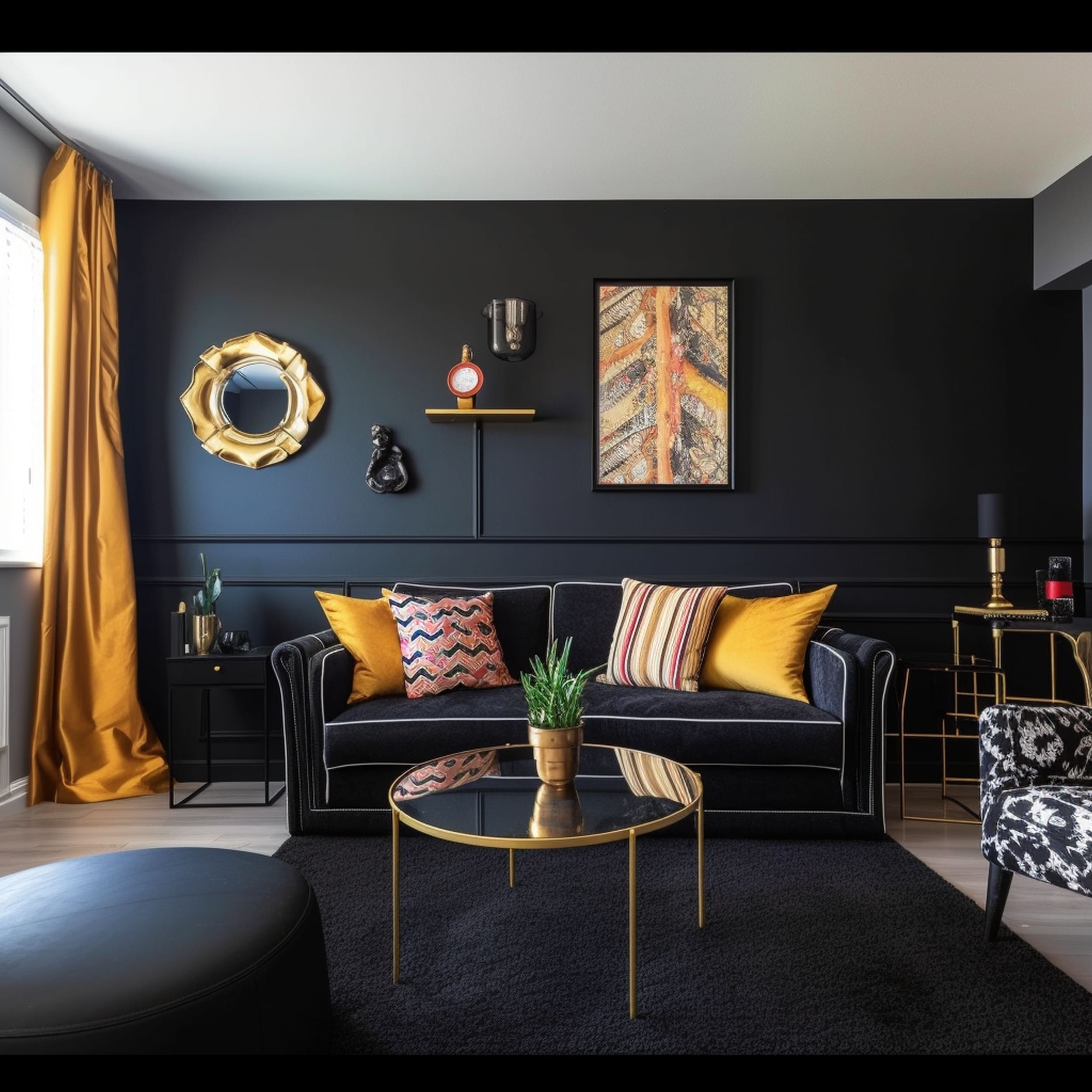 Black Sofa With Round Gold Coffee Table