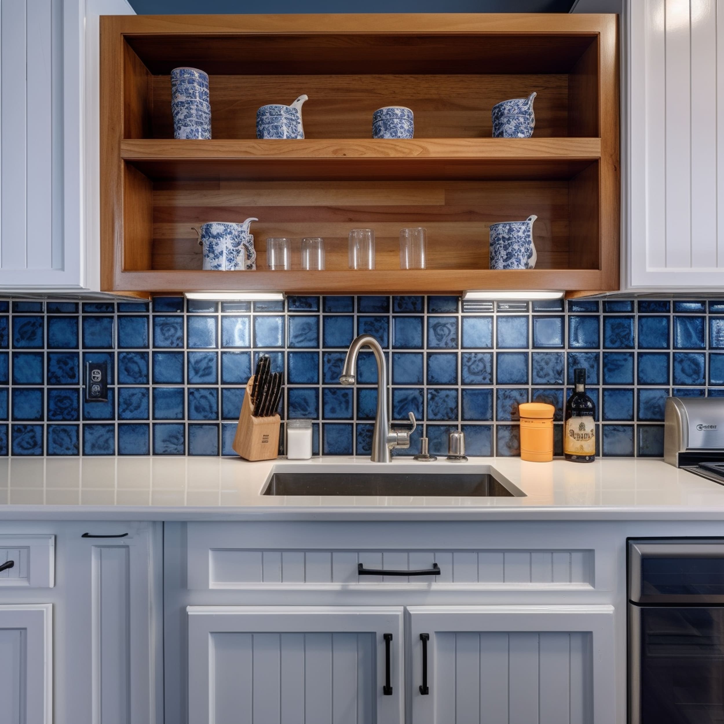 Blue Square Tile Backsplash in White Kitchen