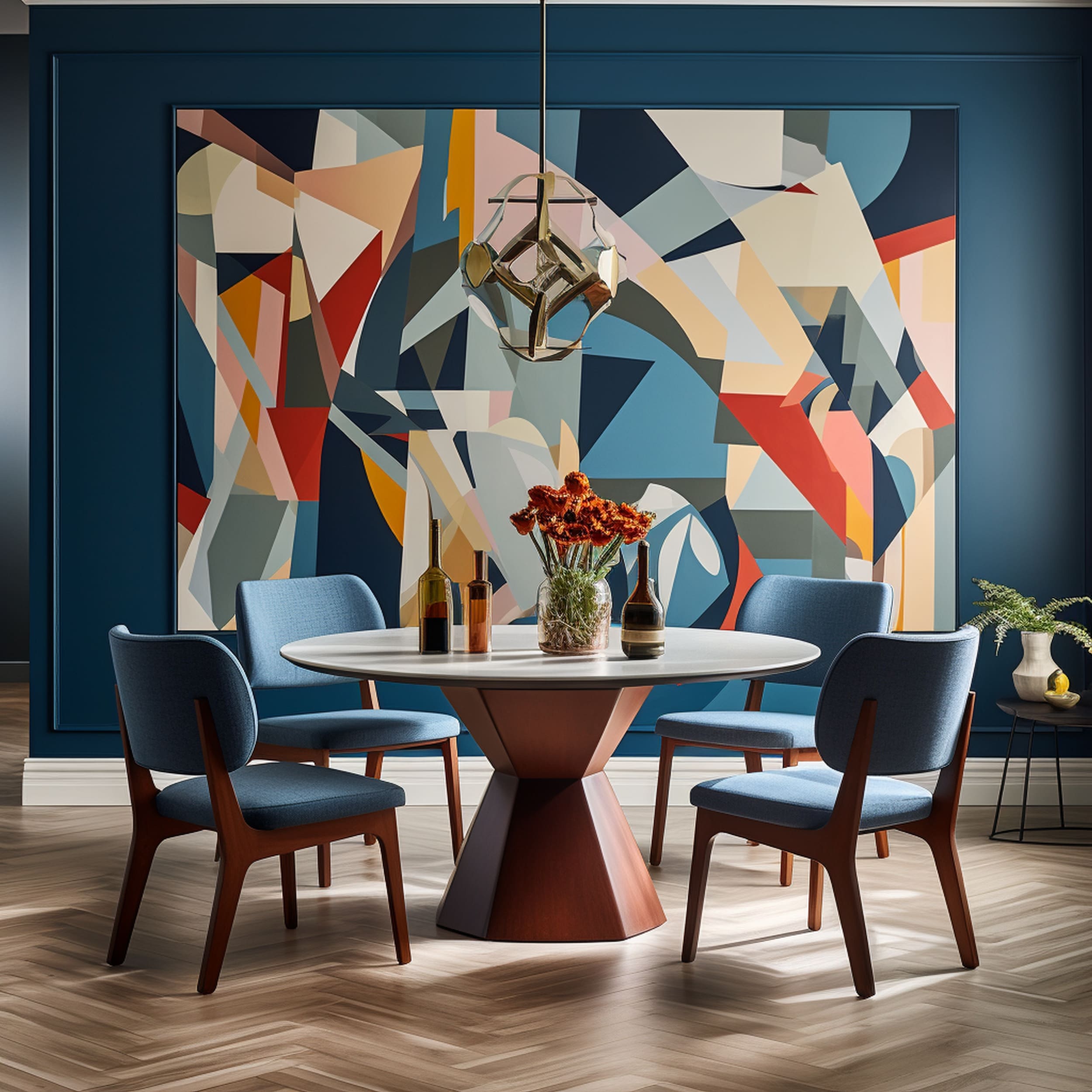 Cubist Inspired Dining Room With a Large Abstract Wall Artwork