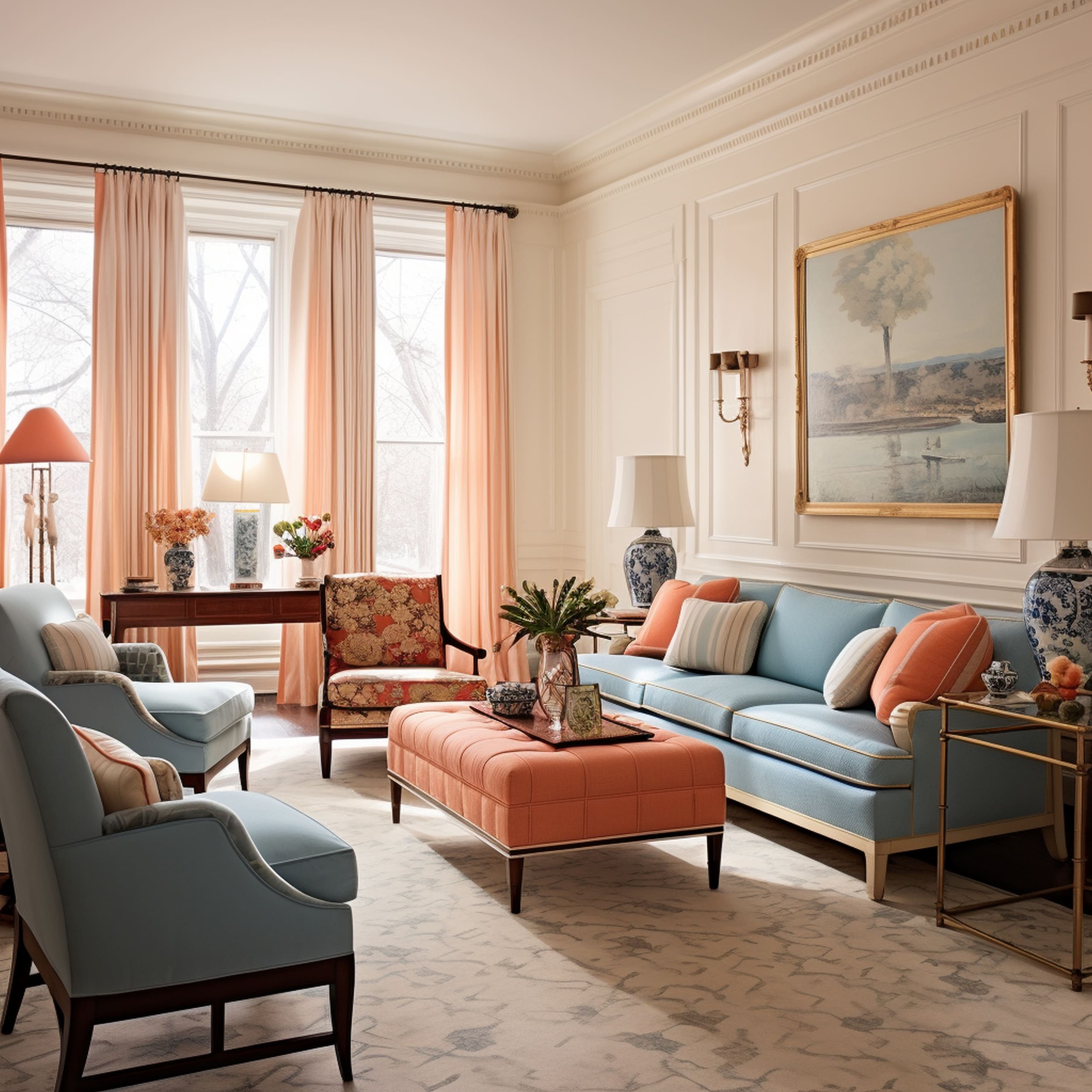 Federal Style Living Room in Light Blue and Peach Colors