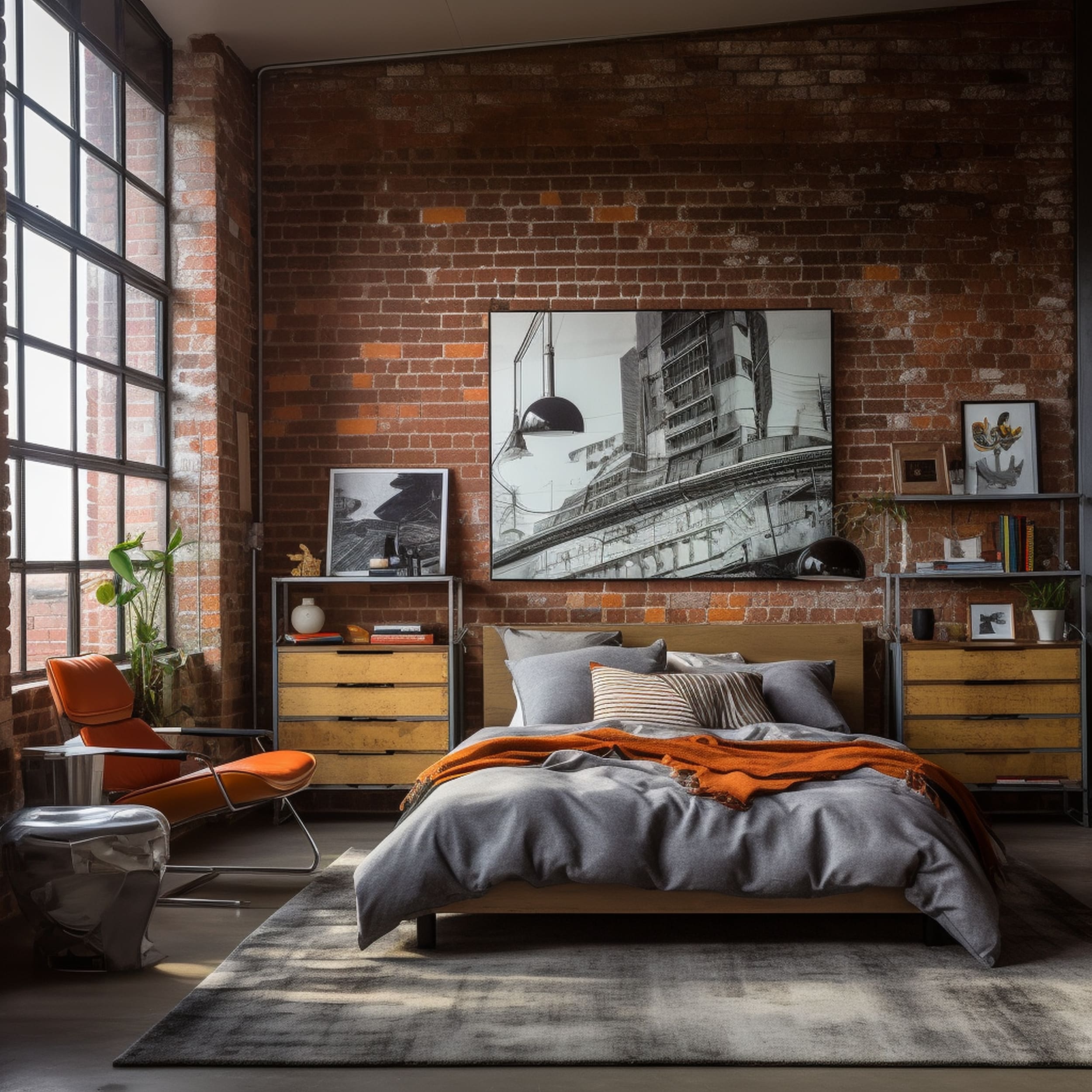 Industrial Bedroom With Gray Bed
