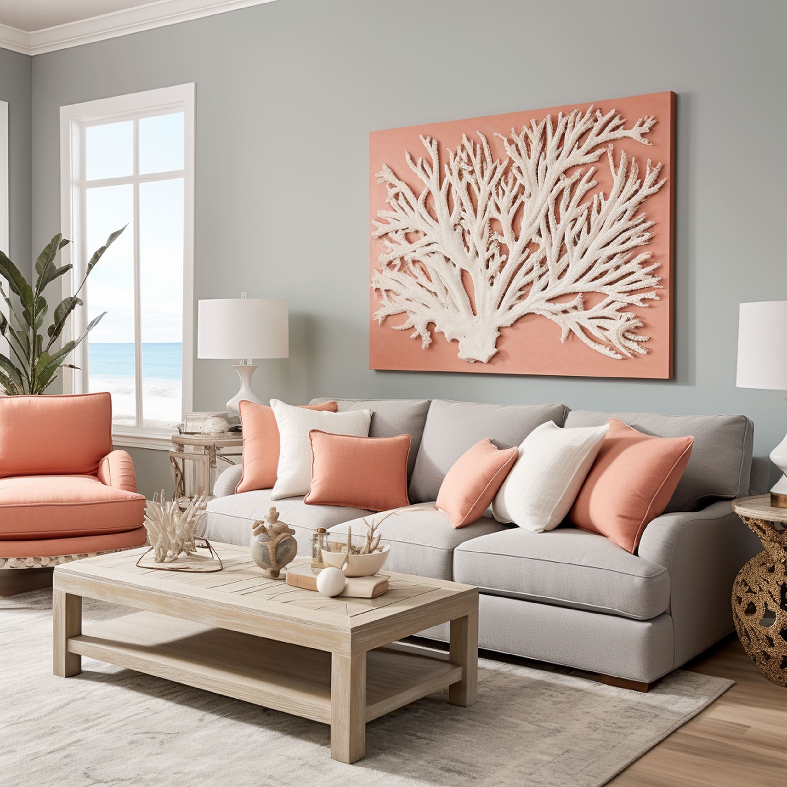 Light Gray Living Room With Coral Artwork and Throw Pillows