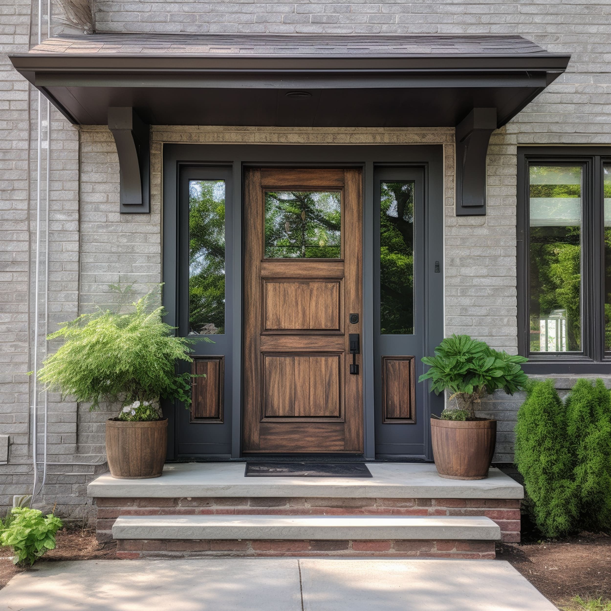 Natural Wood Front Door on a Gray House