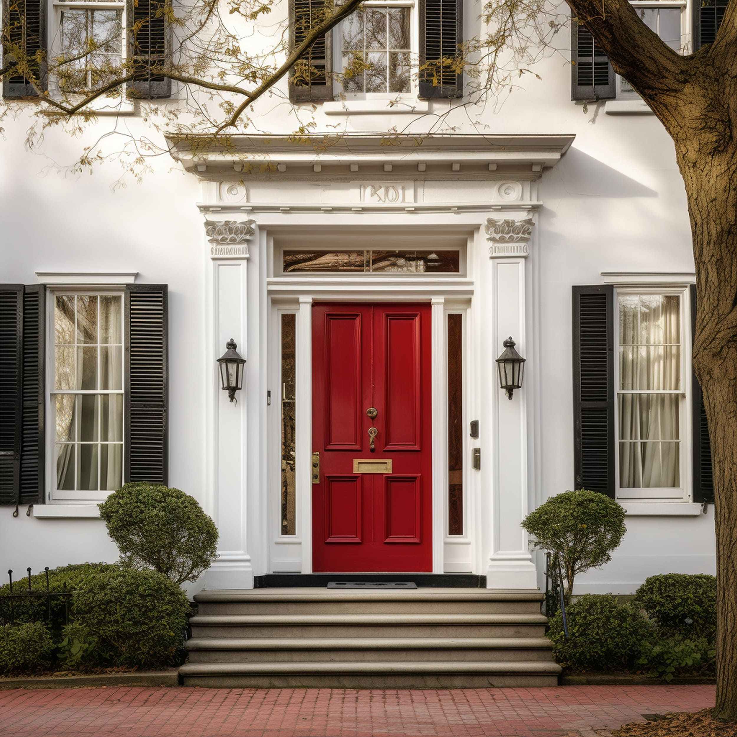 Red Front Door on a White House