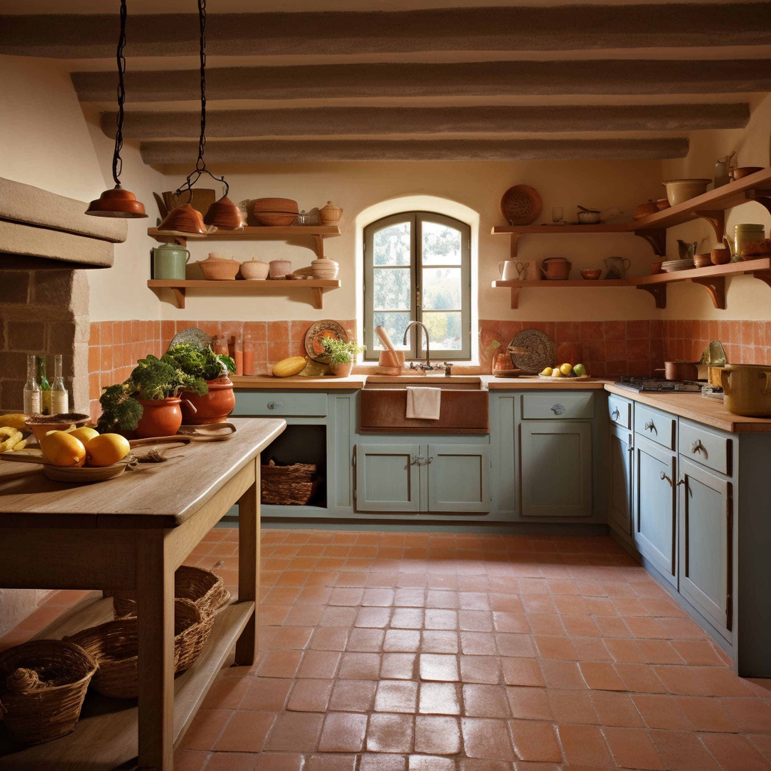 Rustic Kitchen With Light Blue Cabinets and Terracotta Tile Floor