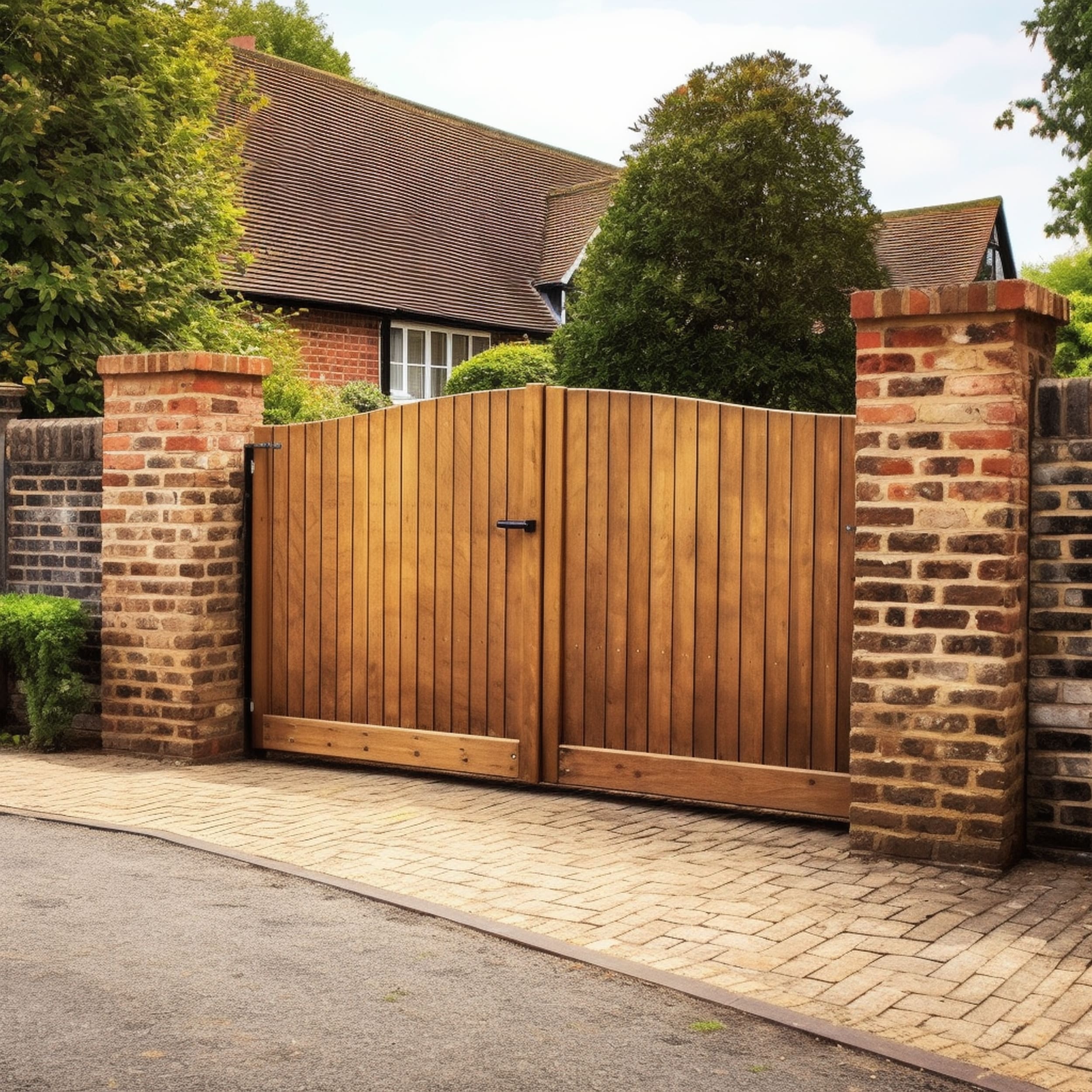 Rustic Wood Driveway Gate With Brick Posts
