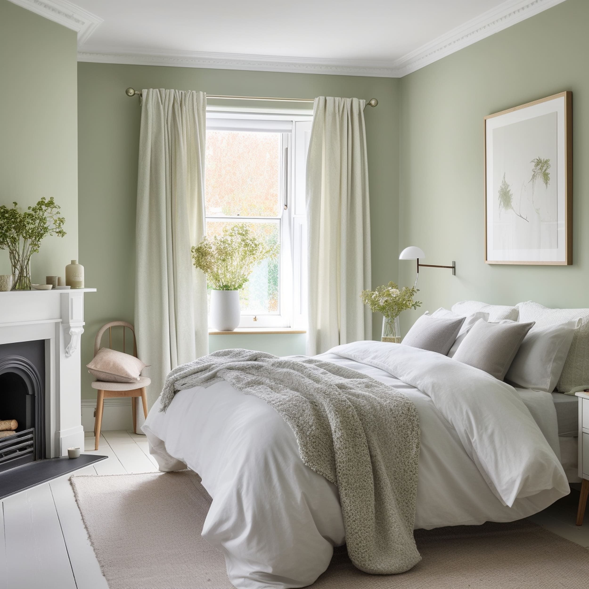 Bedroom With Green Walls and Off White Curtains