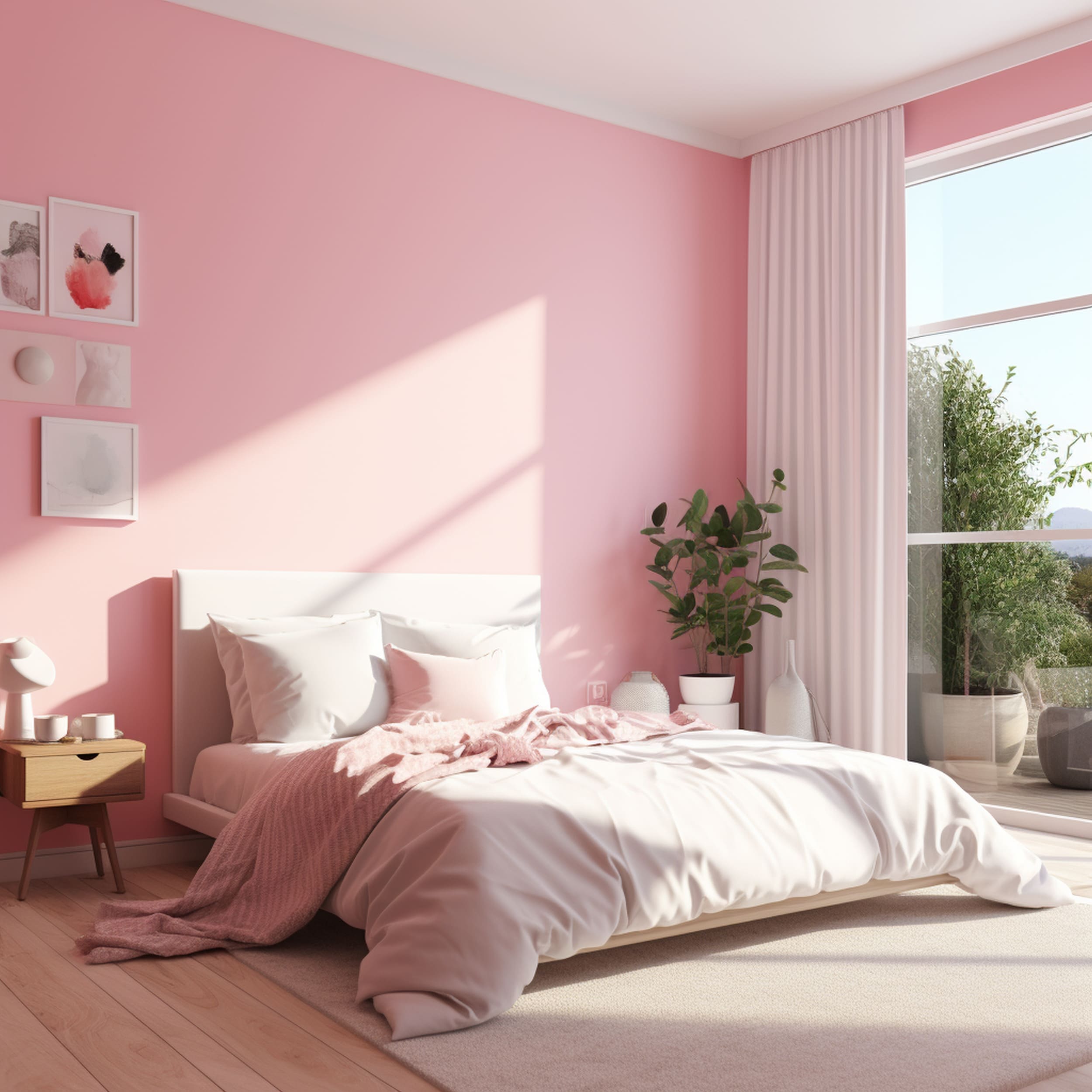 Bedroom With Pink Walls and White Curtains
