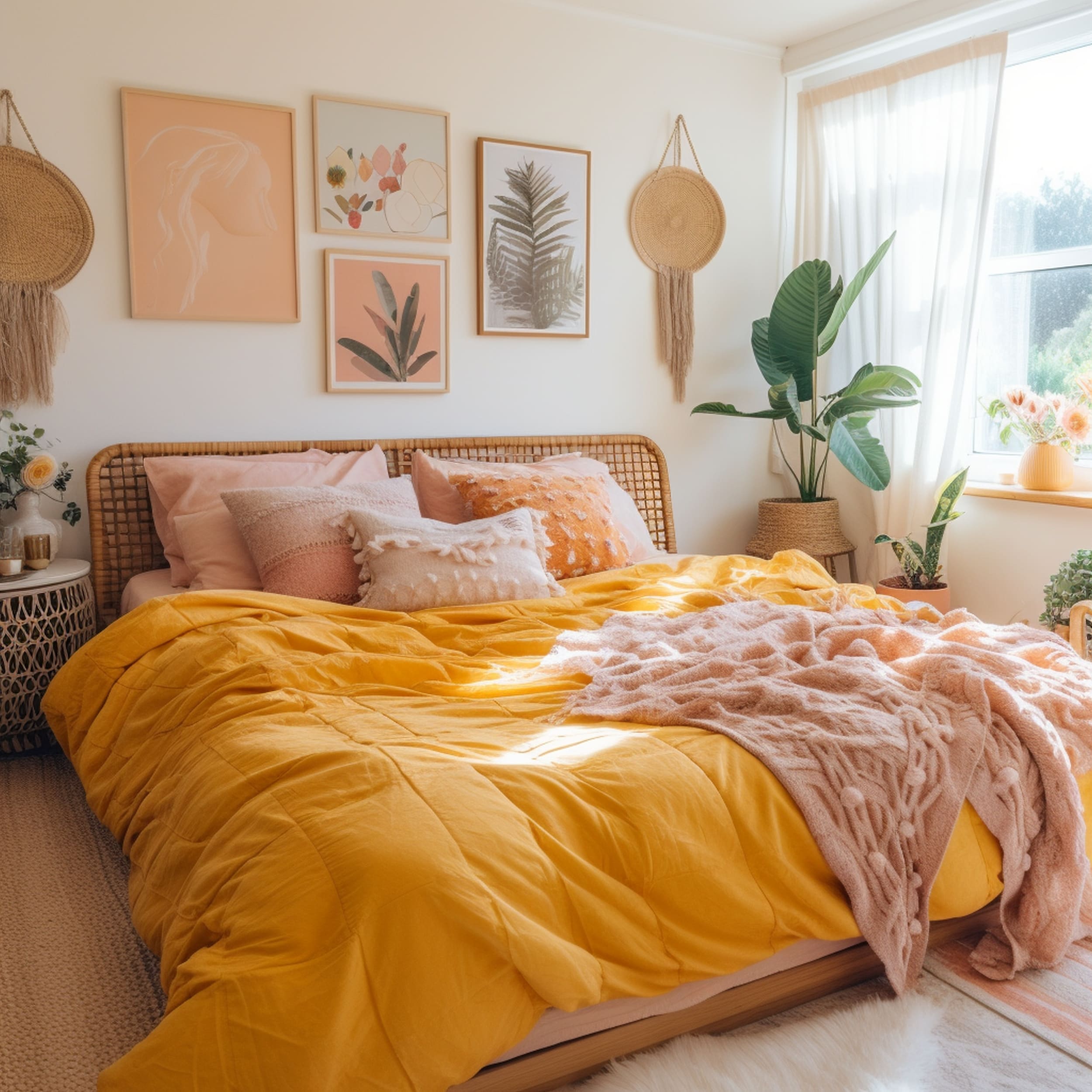 Bohemian Bedroom With Large Mustard Yellow Comforter and Peach Accessories