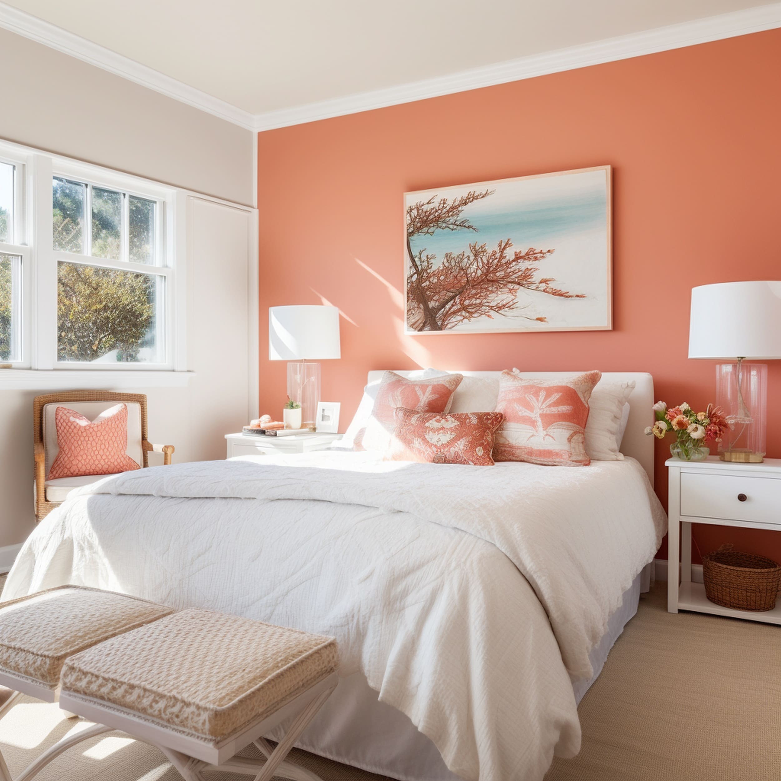 Coral and White Bedroom With a Beige Rug