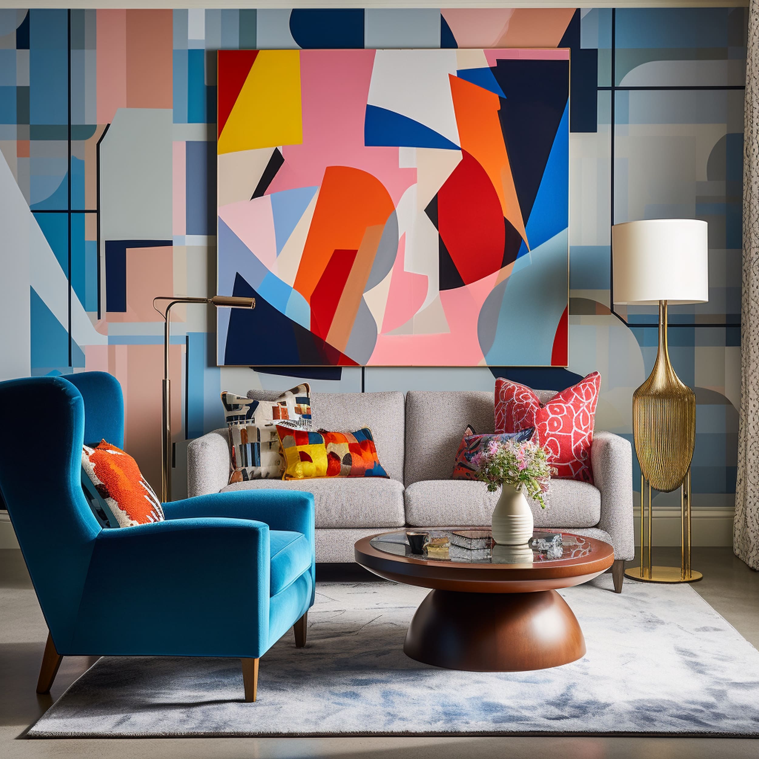 Cubist Inspired Living Room With Blue And Pink Wallpaper