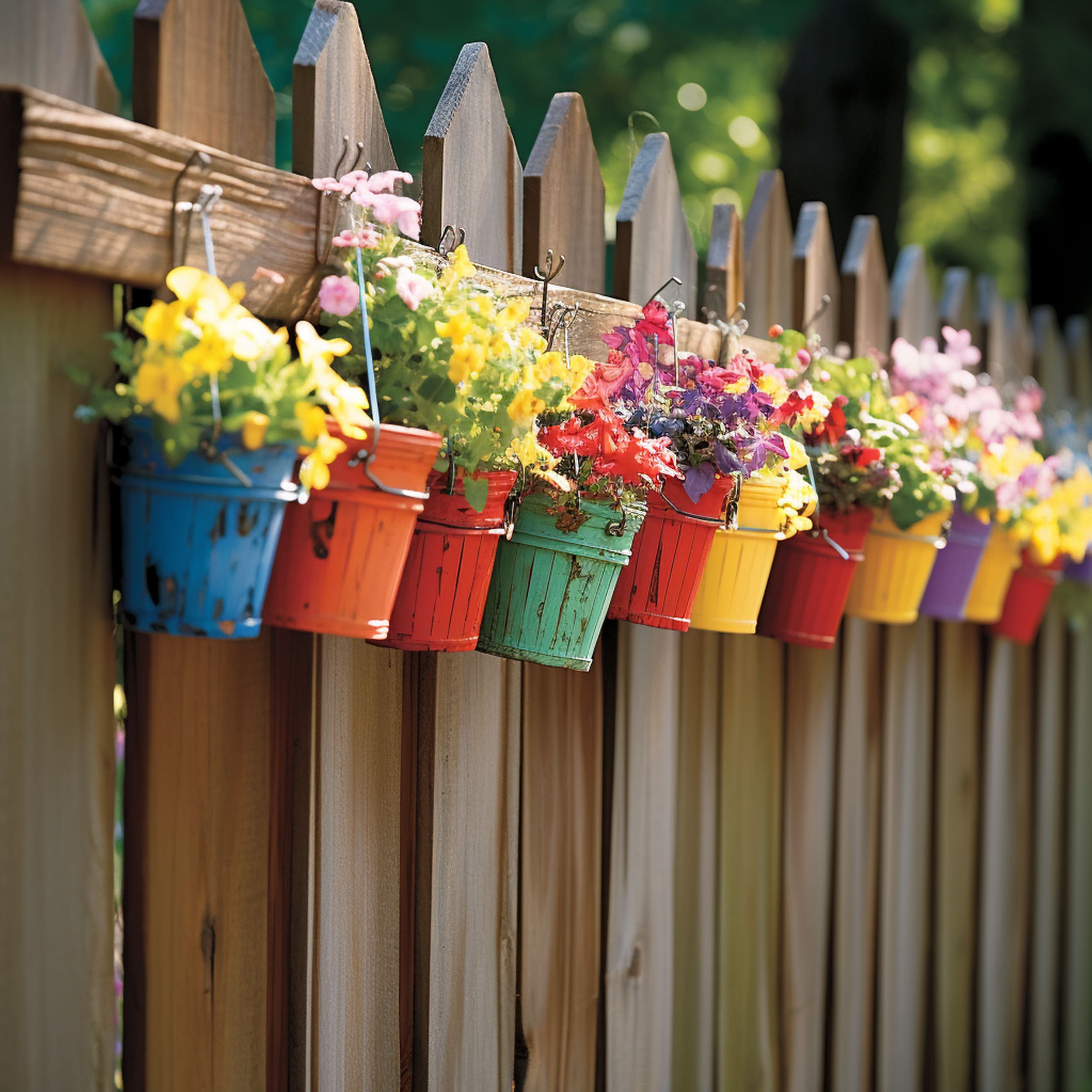 Farmhouse Inspired Metal Buckets Used as Fence Planters