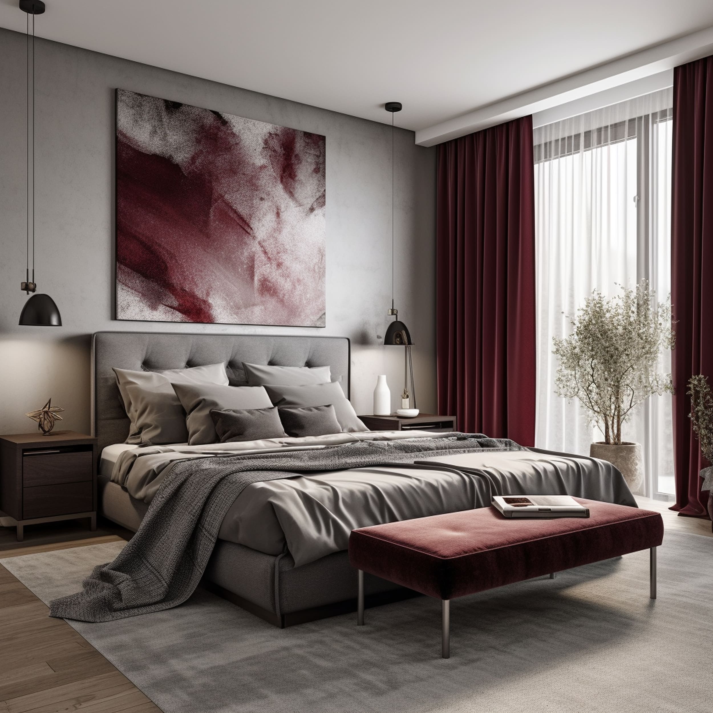 Gray Bedroom With Burgundy Artwork and Curtains