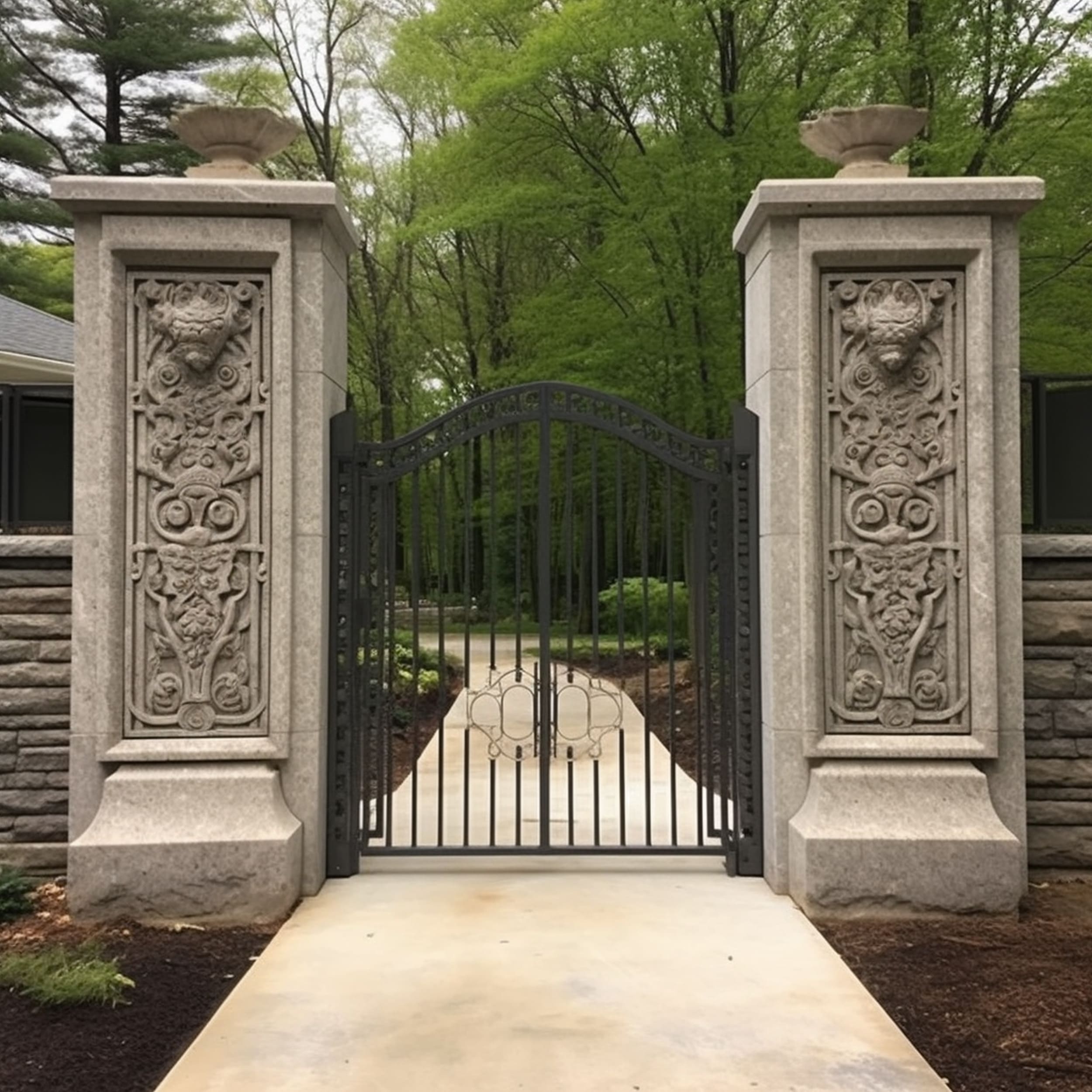 Pedestrian Side Gate With Ornate Granite Pillars