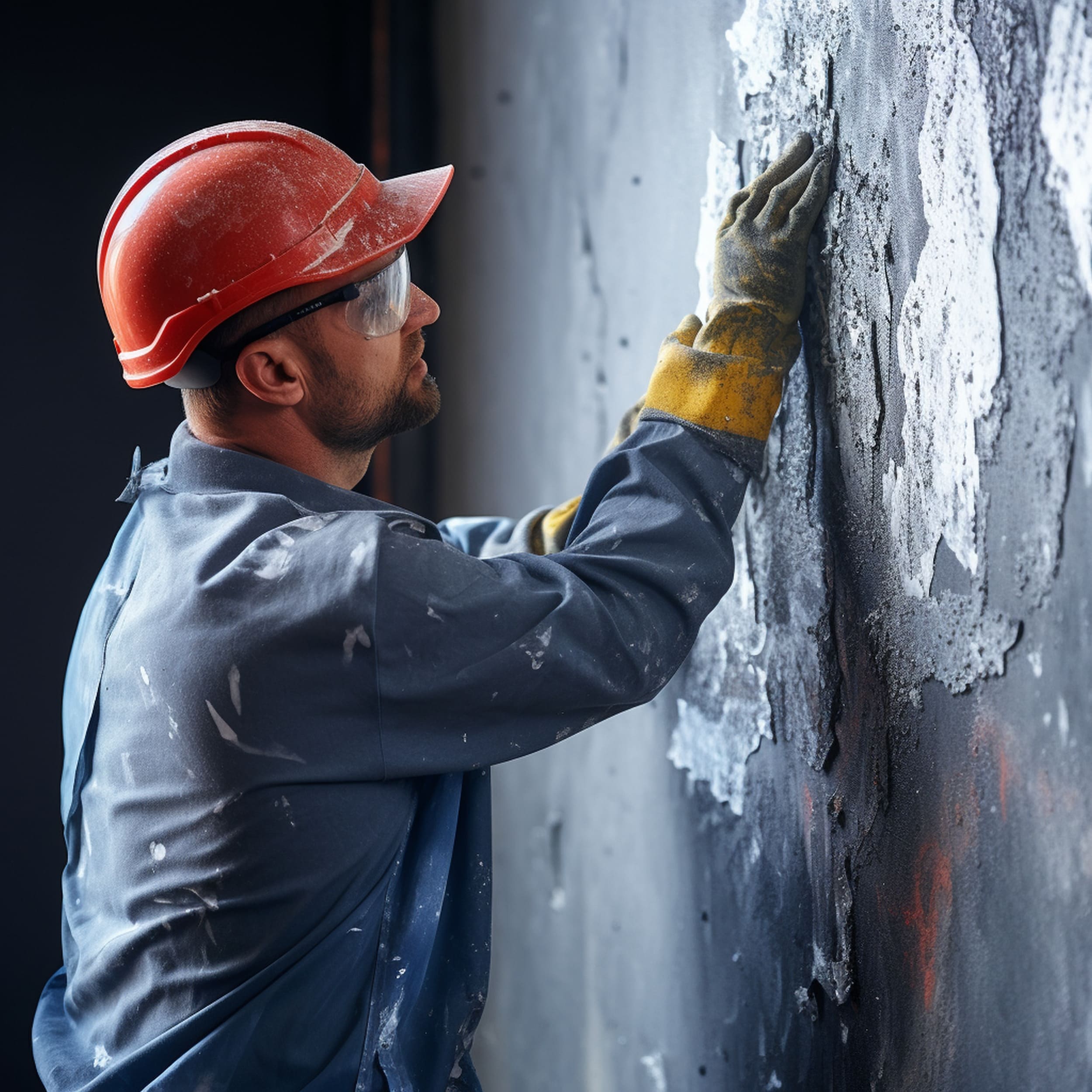 Repairman Inspecting Damaged Wall With Peeling Paint