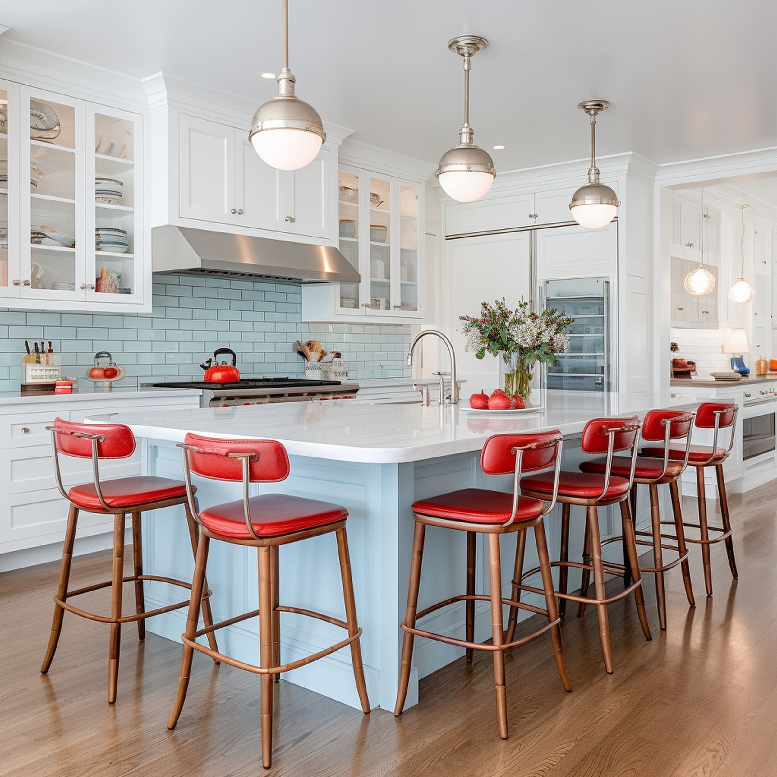 White Kitchen With Light Blue Backsplash and Red Bar Stools
