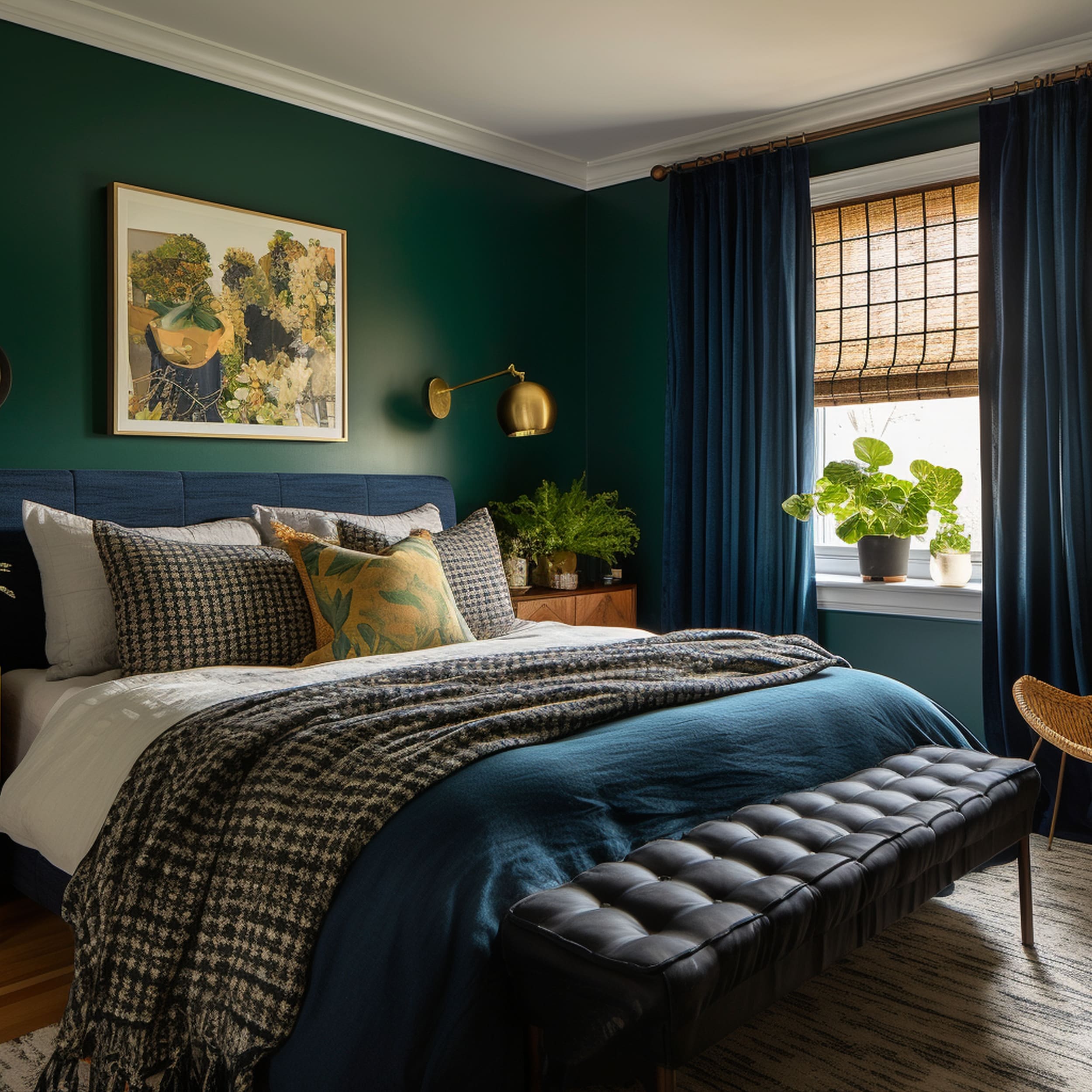 Bedroom With Green Walls and Navy Blue Curtains