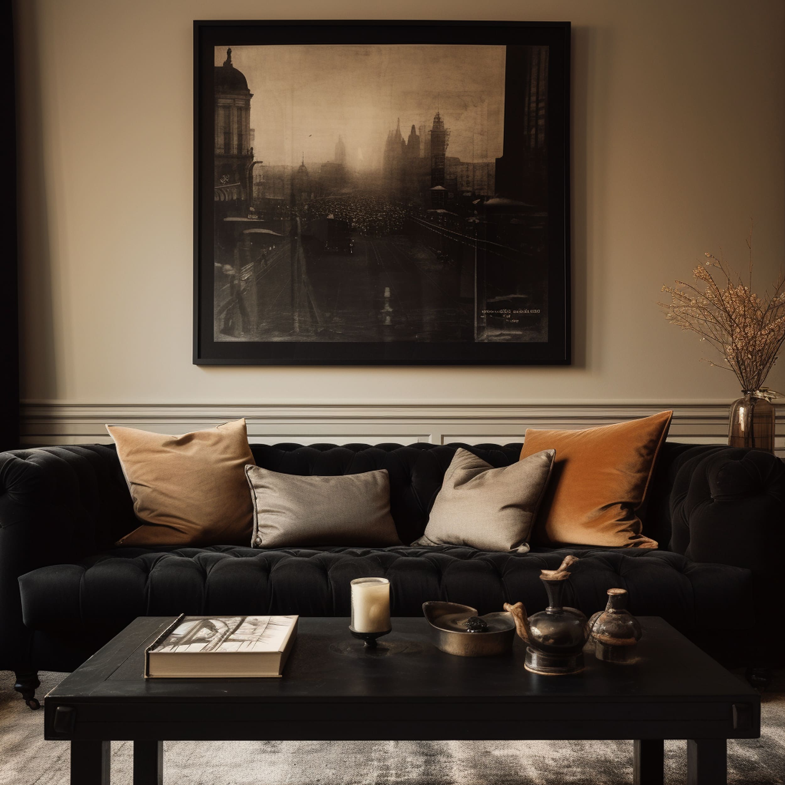 Black Sofa in Neutral Toned Living Room
