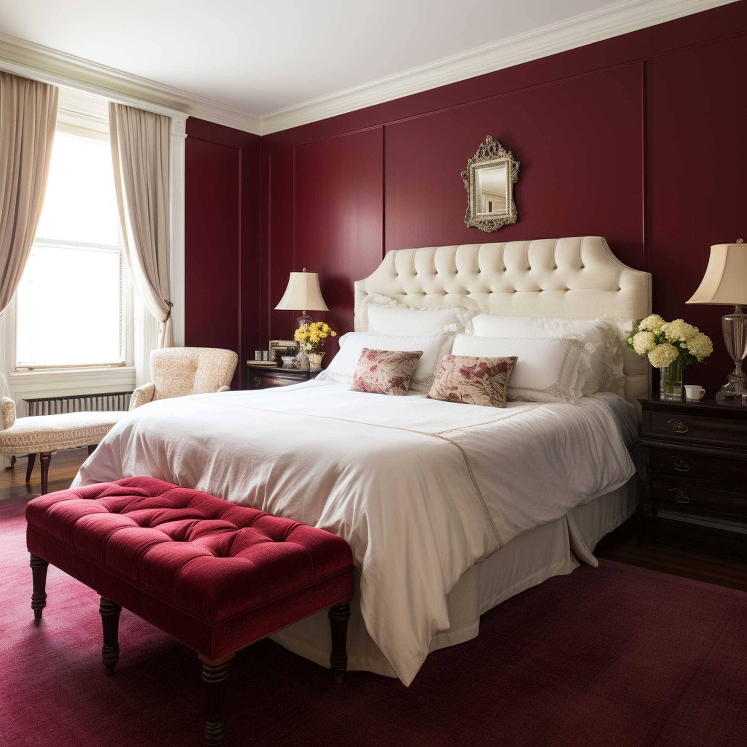 Burgundy Bedroom With Ivory White Bed