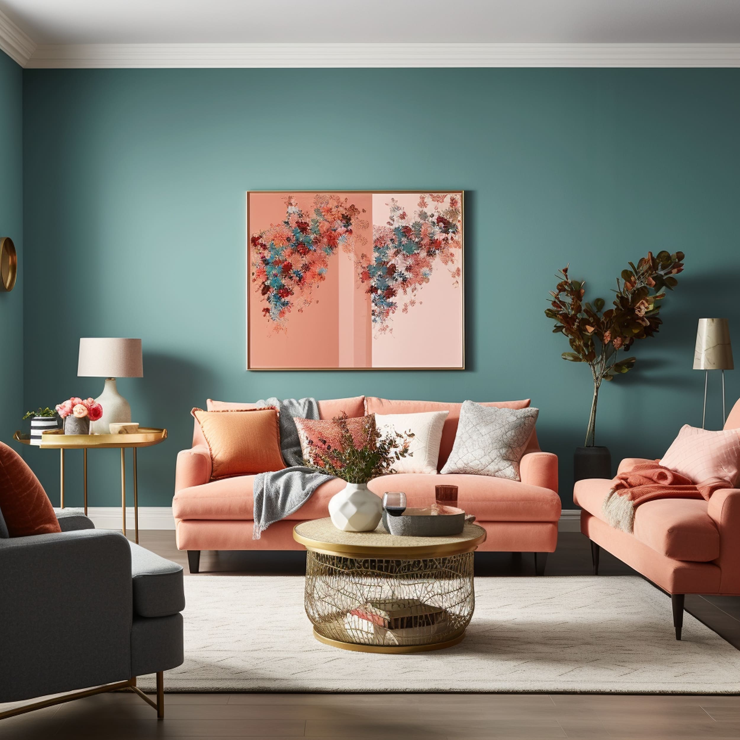 Living Room With Teal Wall and Coral Artwork and Furniture