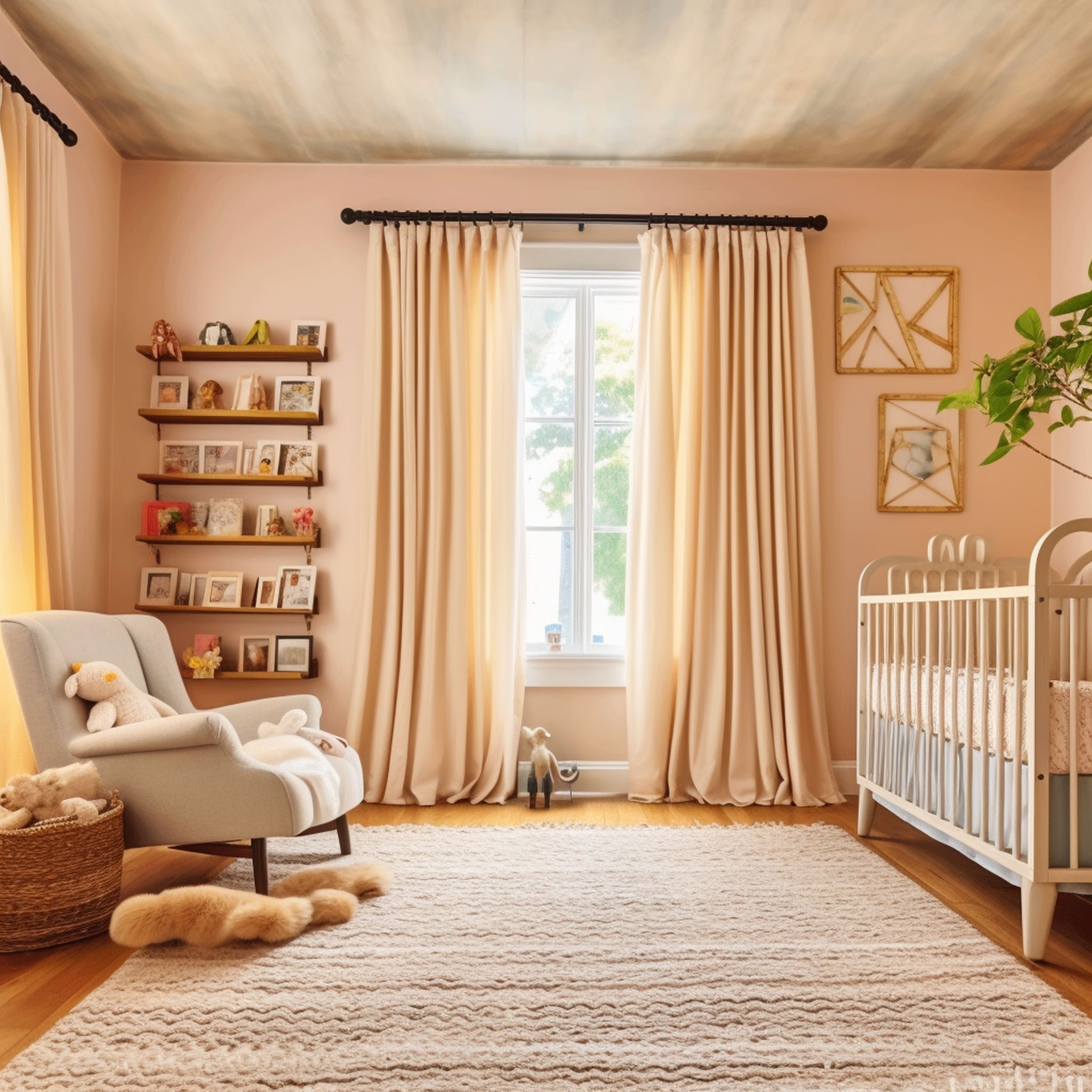 Nursery With Pink Walls and Beige Curtains