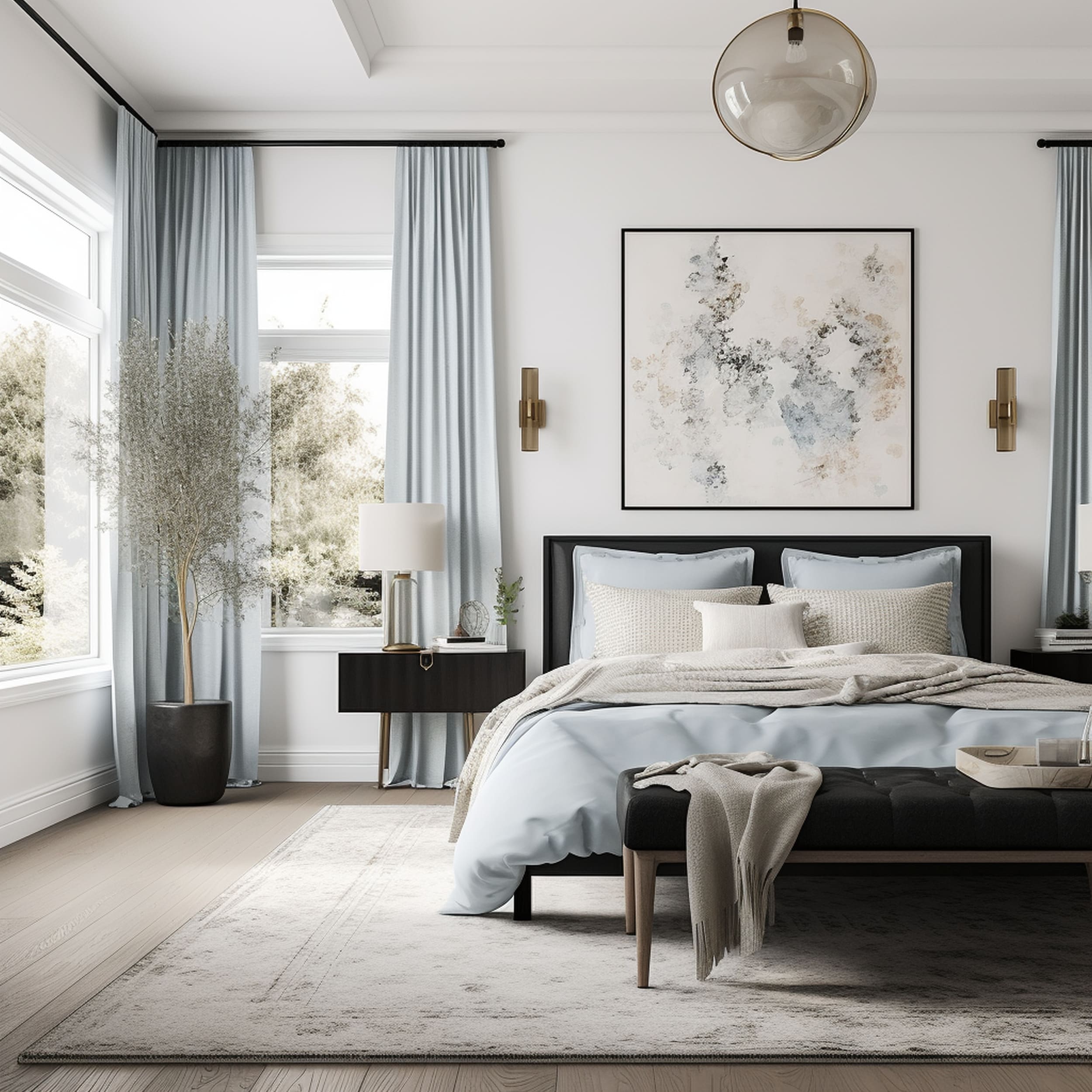 Stylish Bedroom With Light Blue Curtains and Black Accents