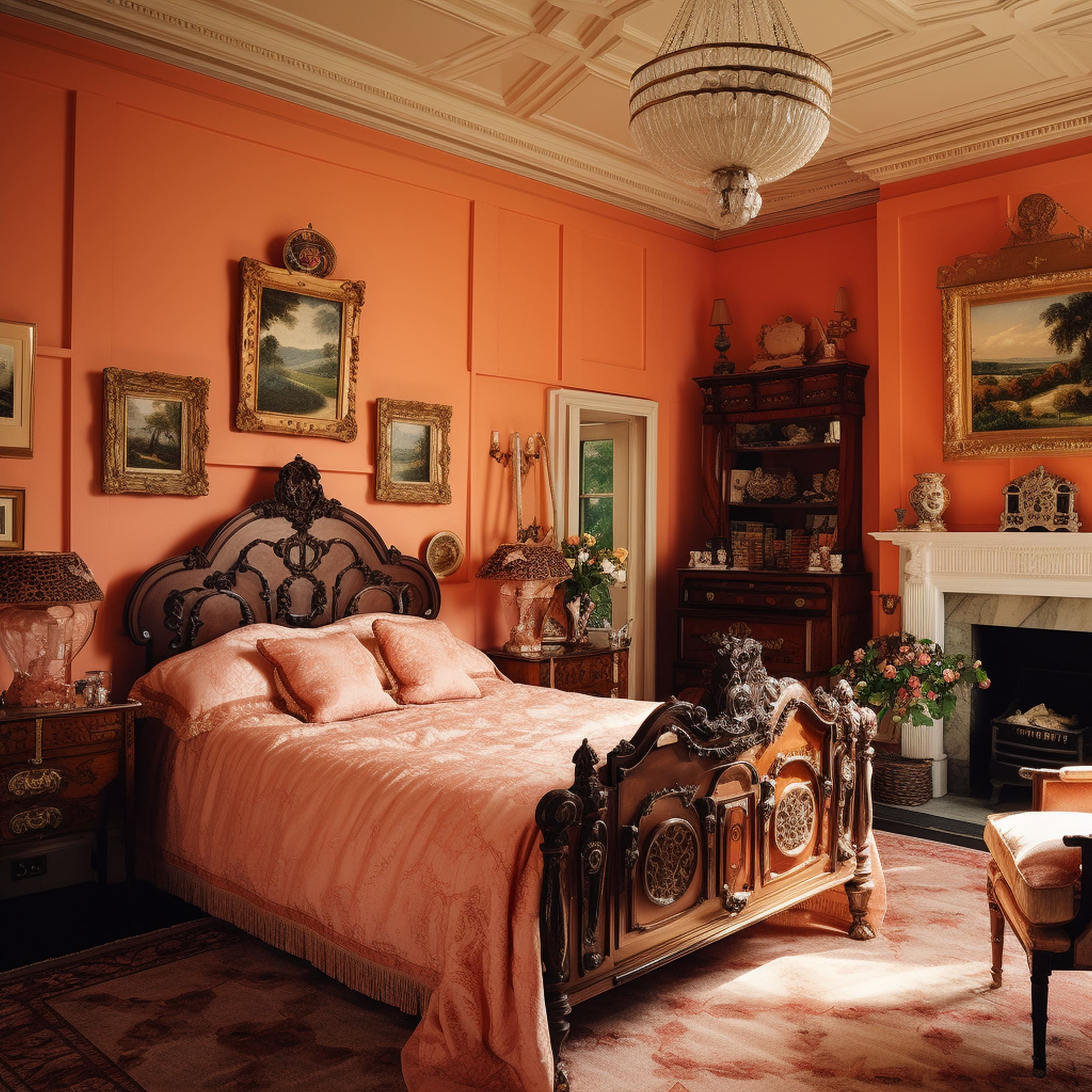Traditional Elegant Peach Bedroom With Ornate Wood Bed
