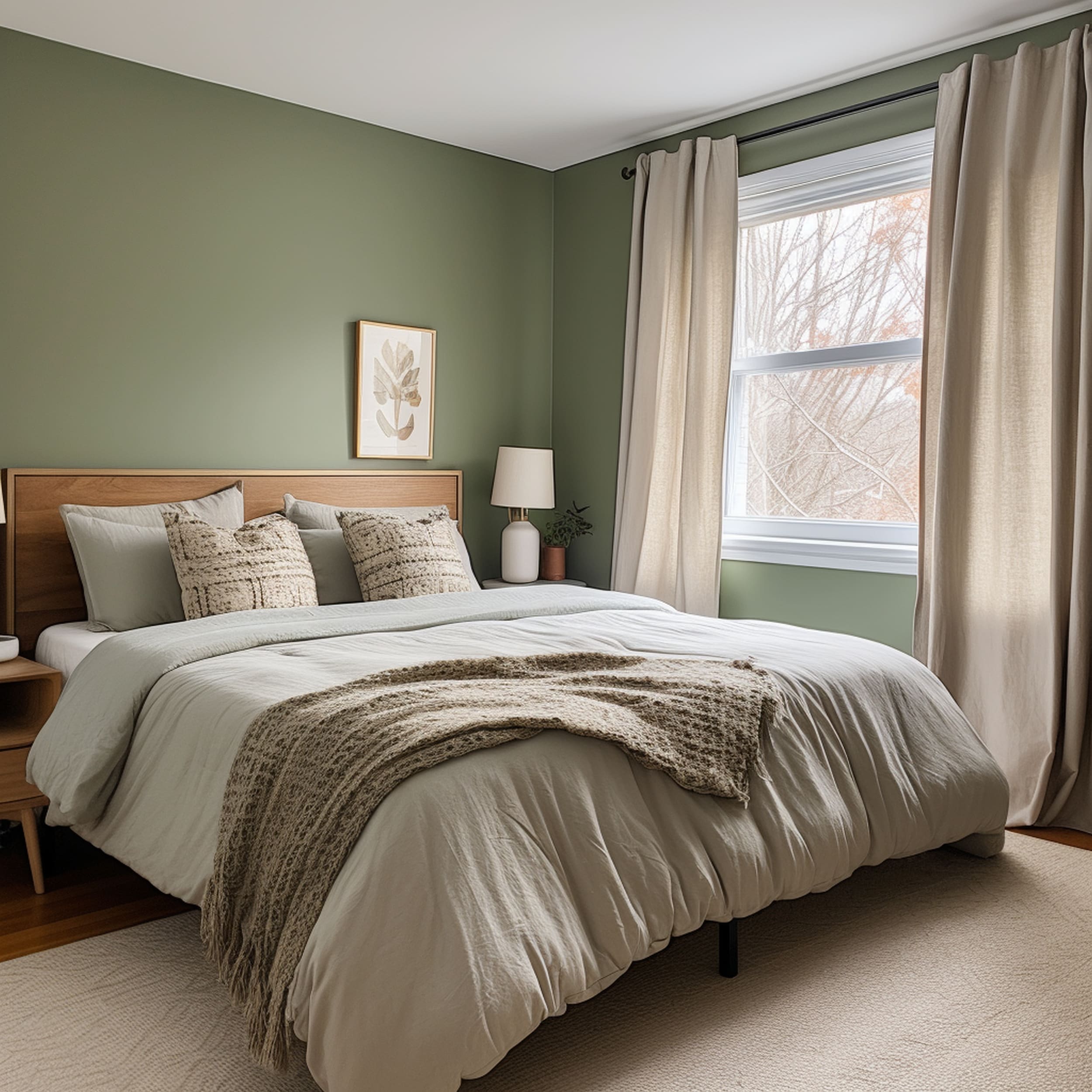 Bedroom With Green Walls and Tan Curtains