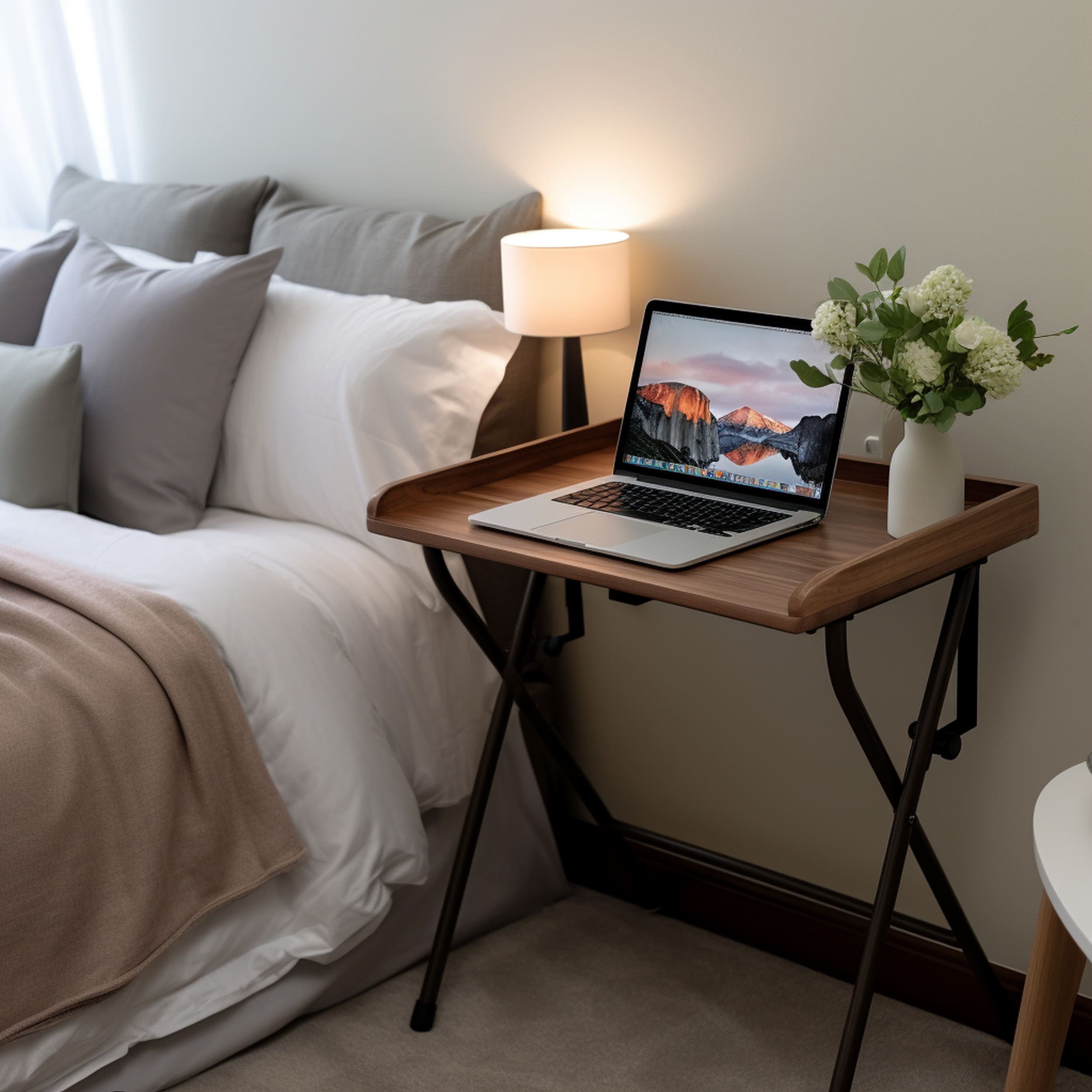 Bedroom With Portable Desk Next To the Bed