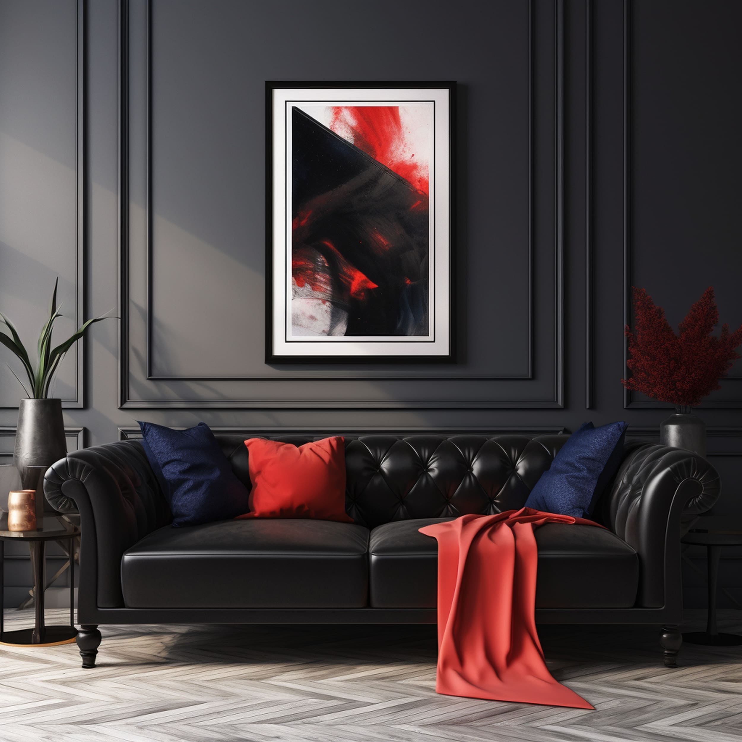 Black Sofa With Red Artwork and Throw Blanket