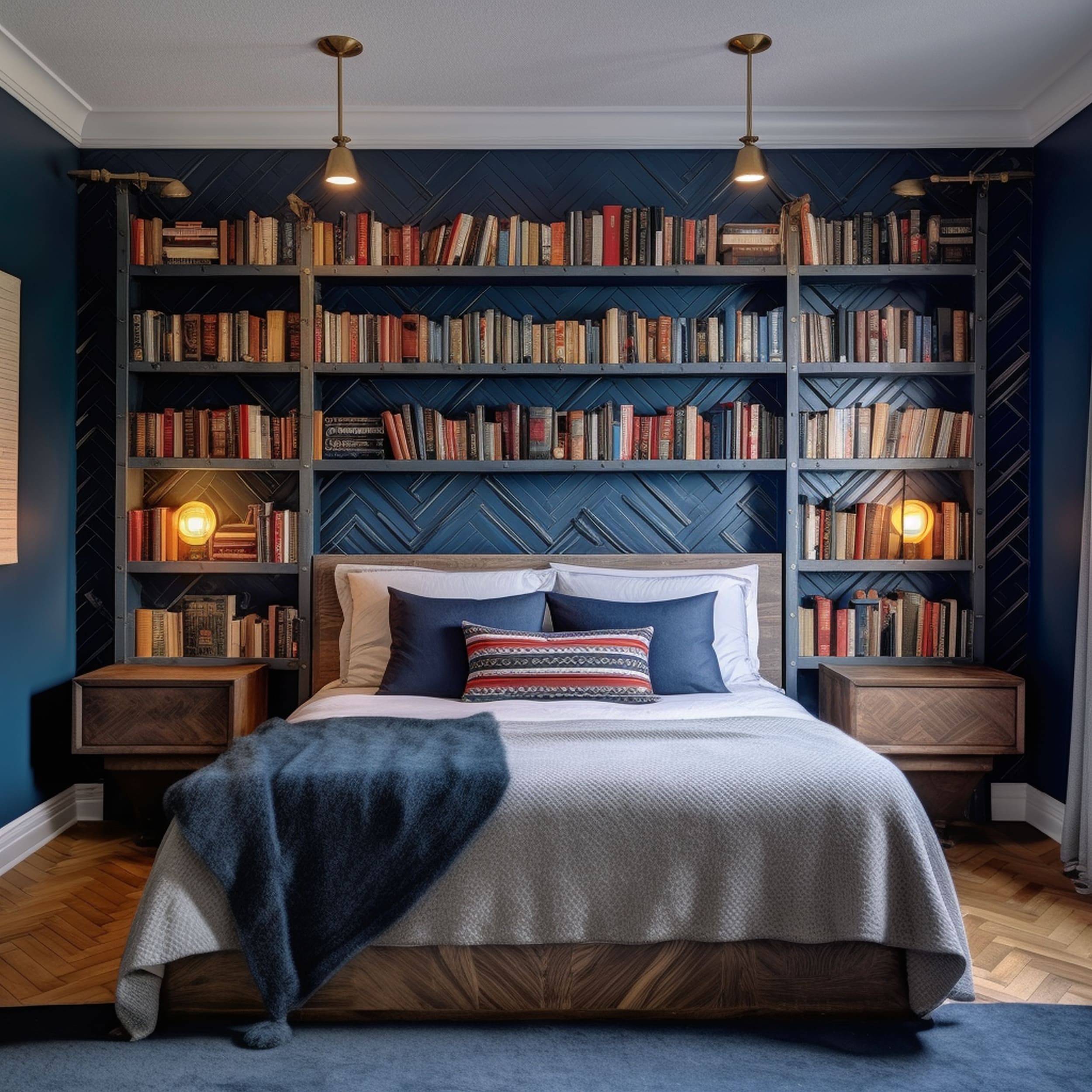 Blue Bedroom With Herringbone Patterned Bookcase Backing