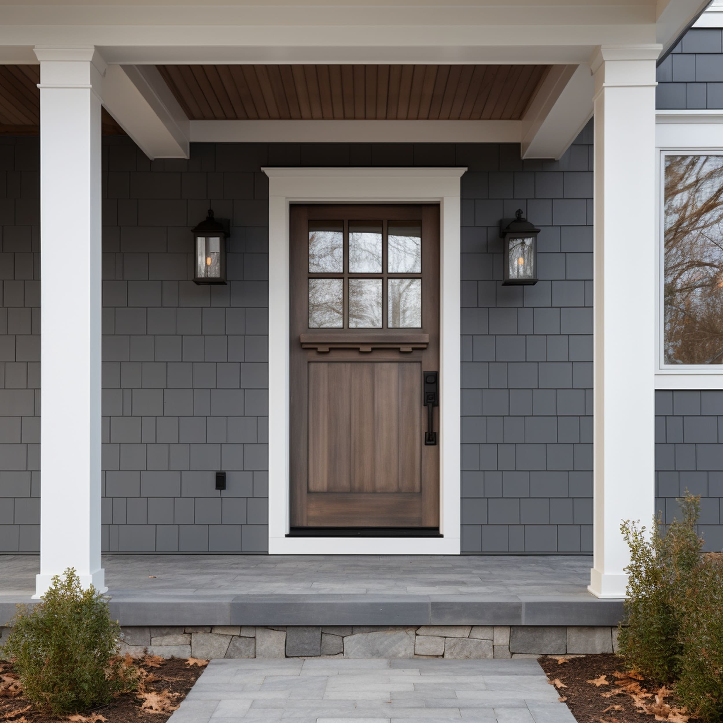 Brown Front Door on a Gray House