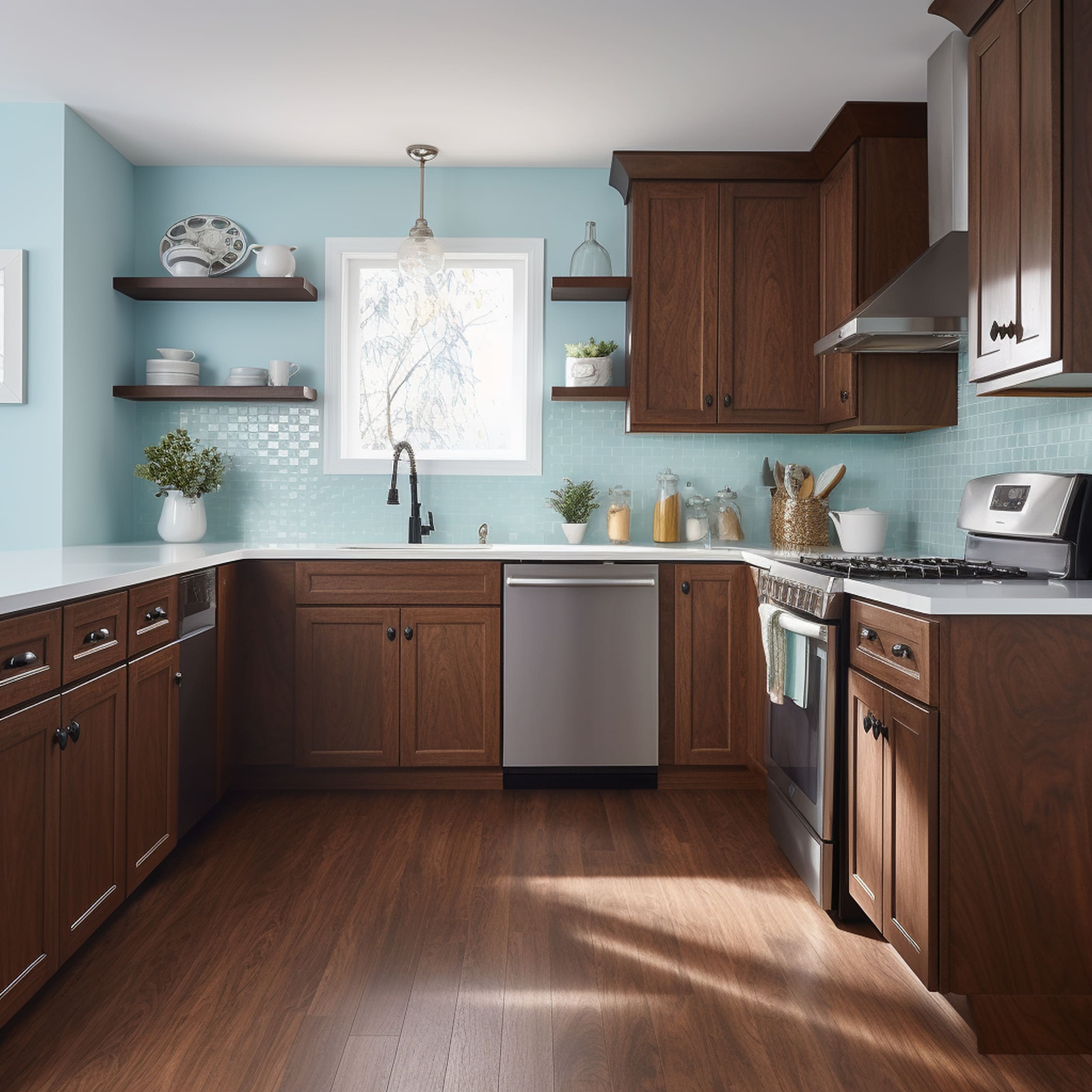 Classic Brown Kitchen With Light Blue Walls