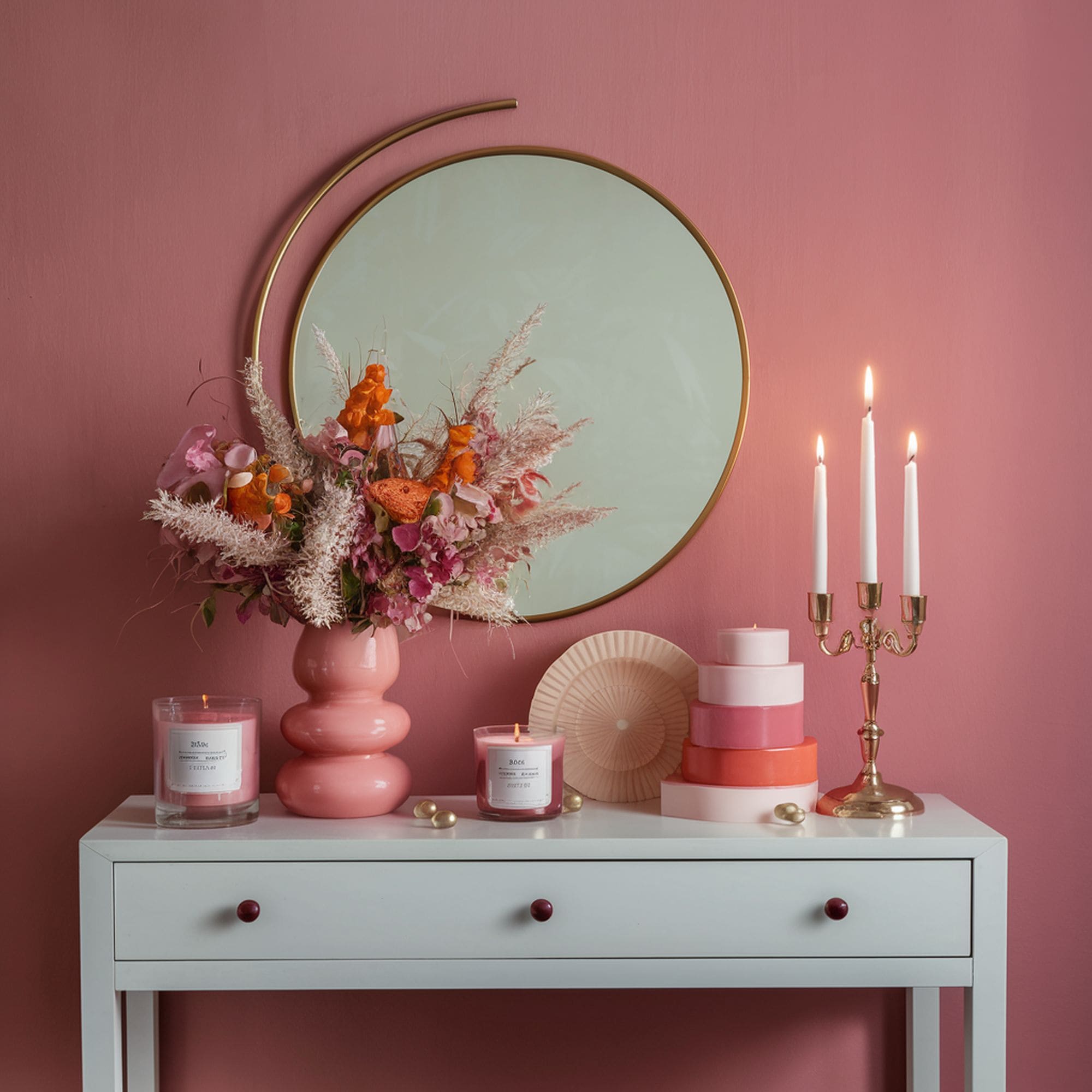 Console Table Against Coral Wall