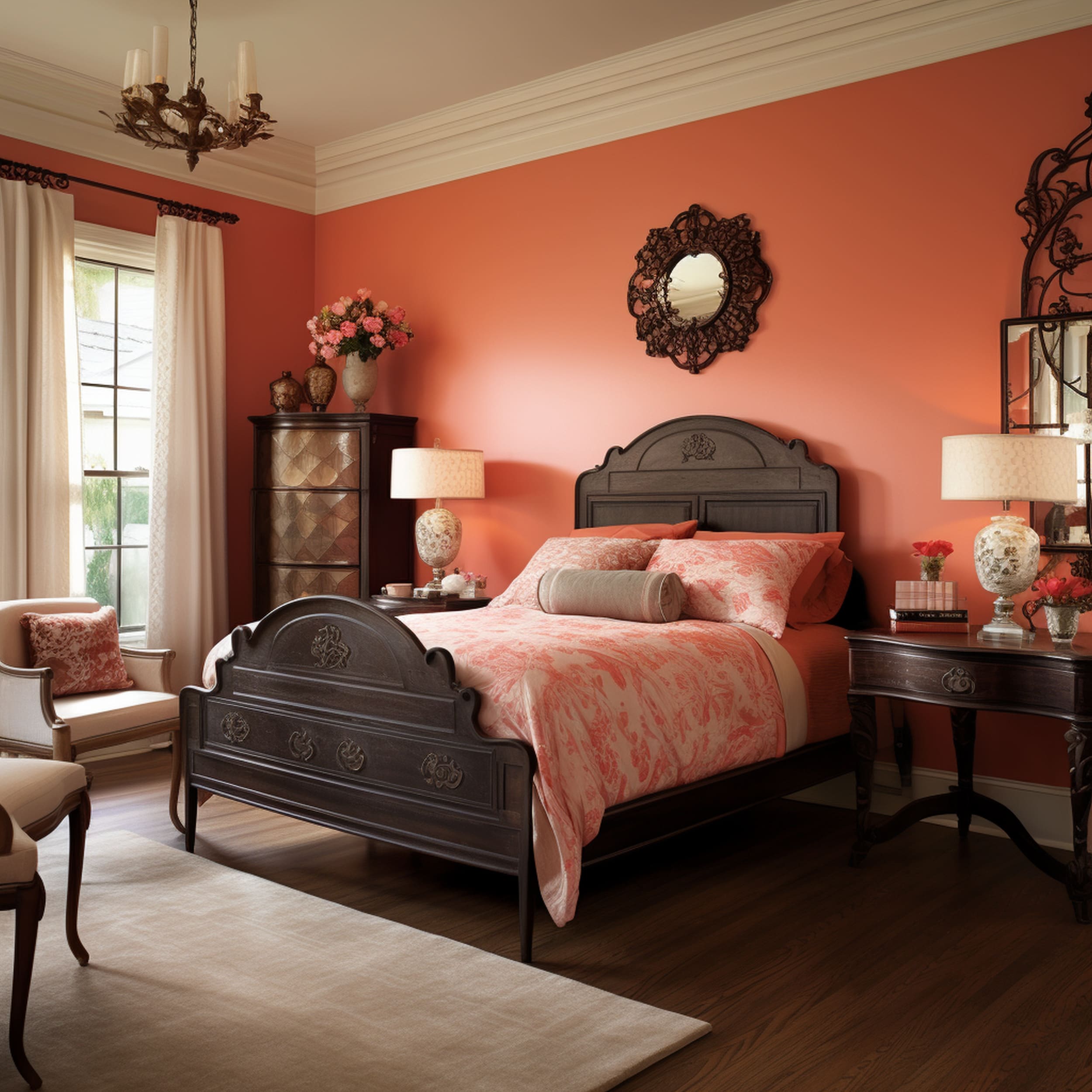 Coral Bedroom With Brown Bed and Wood Furniture
