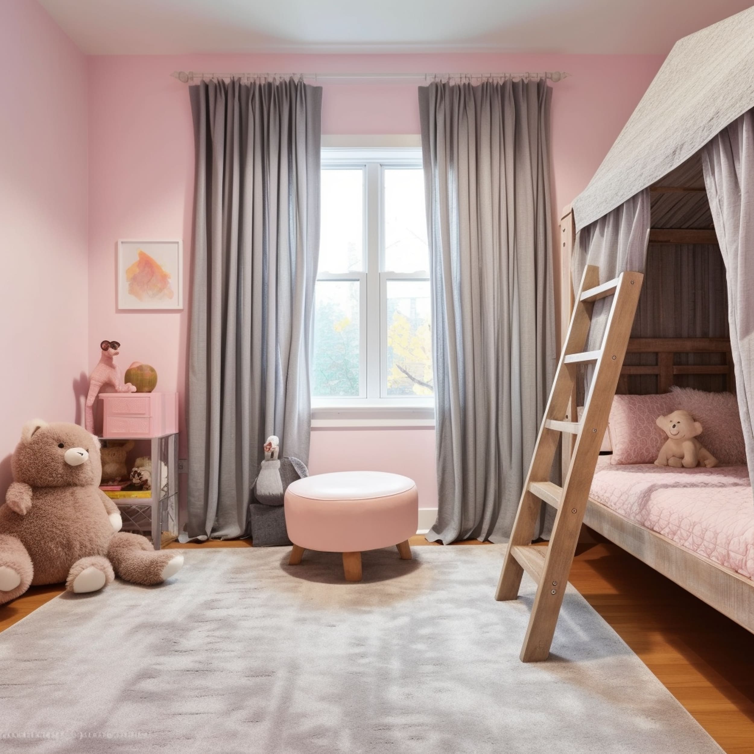 Kids Room With Pink Walls and Gray Curtains