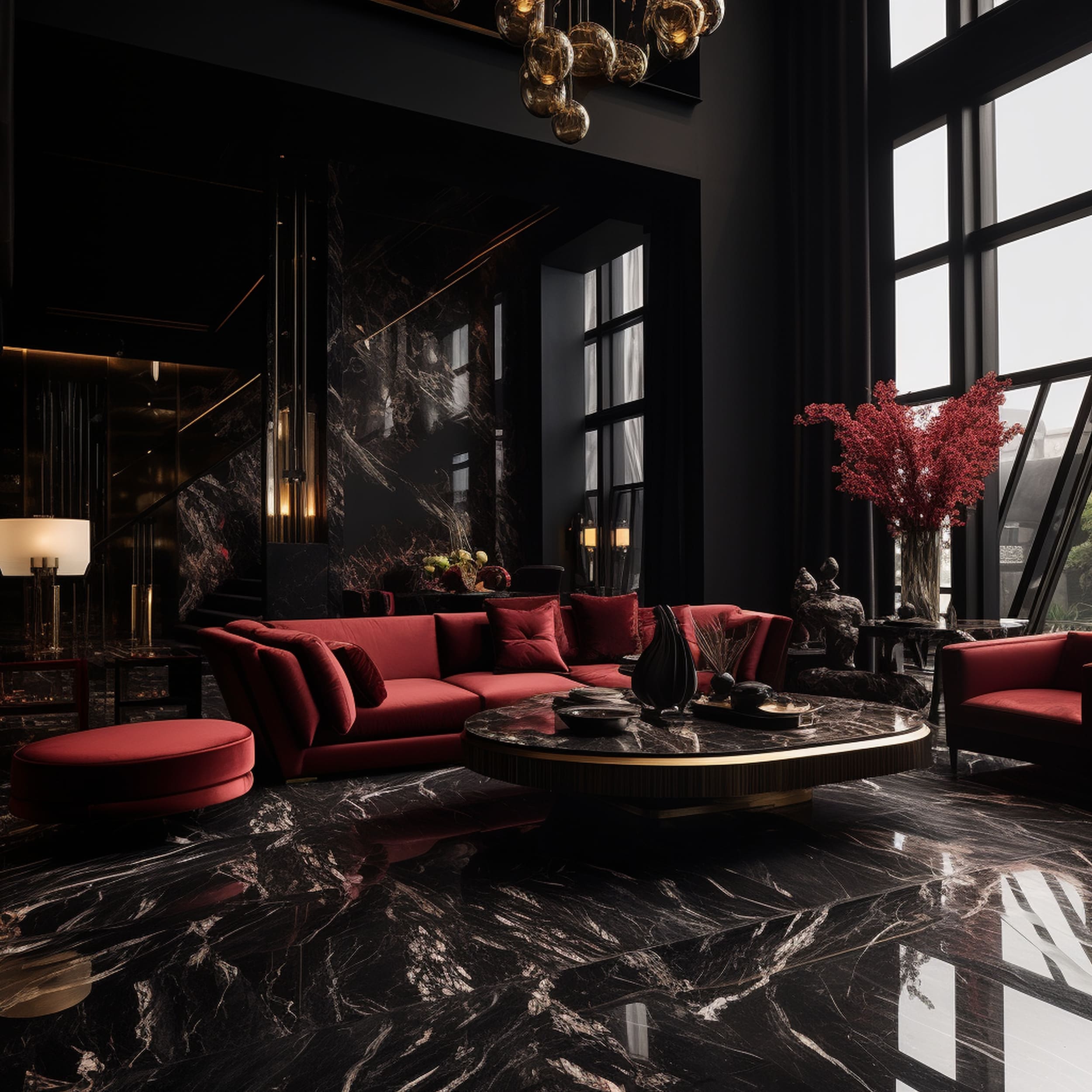 Luxurious Black Bedroom With Burgundy Sofa and Chairs