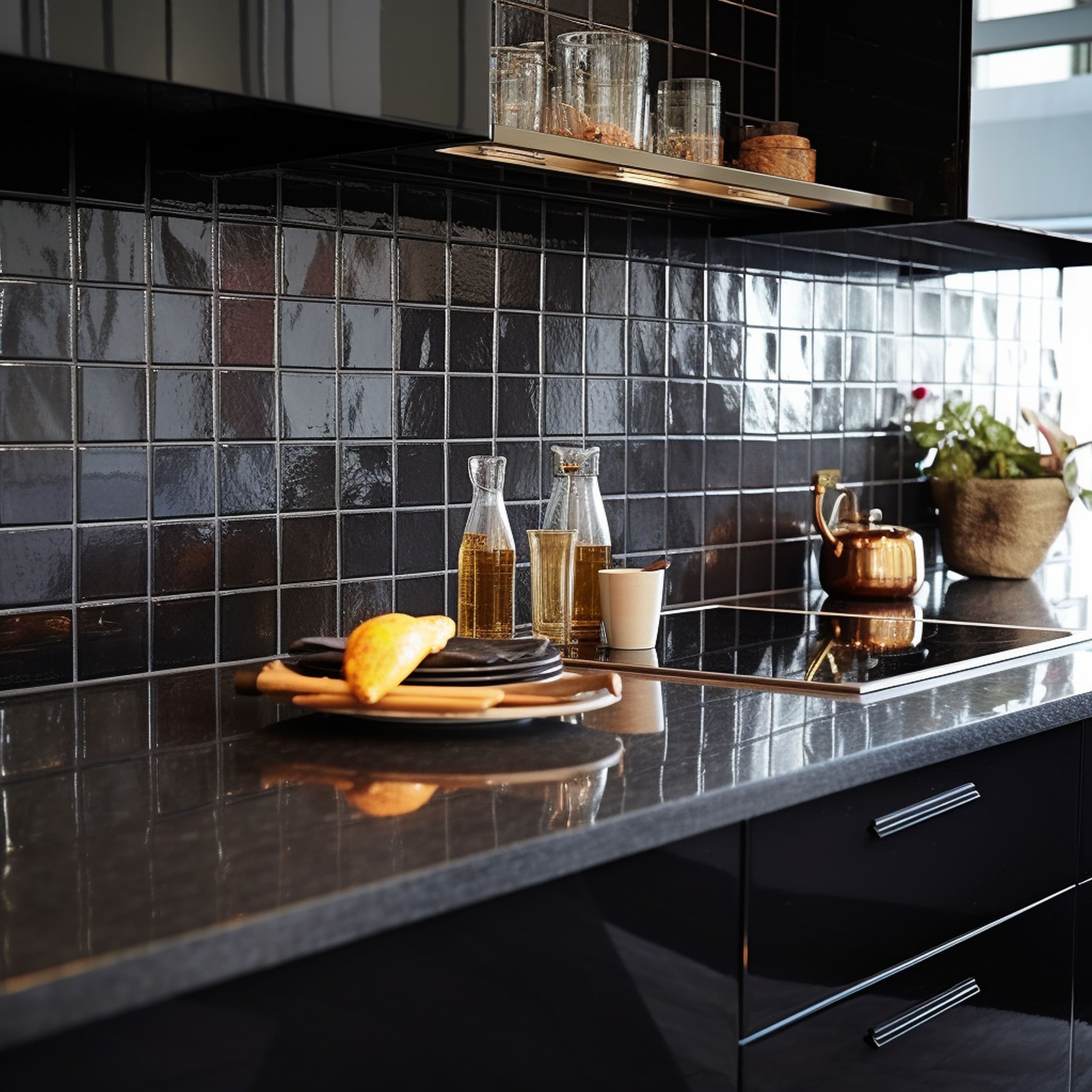 Modern Black Square Tile Backsplash
