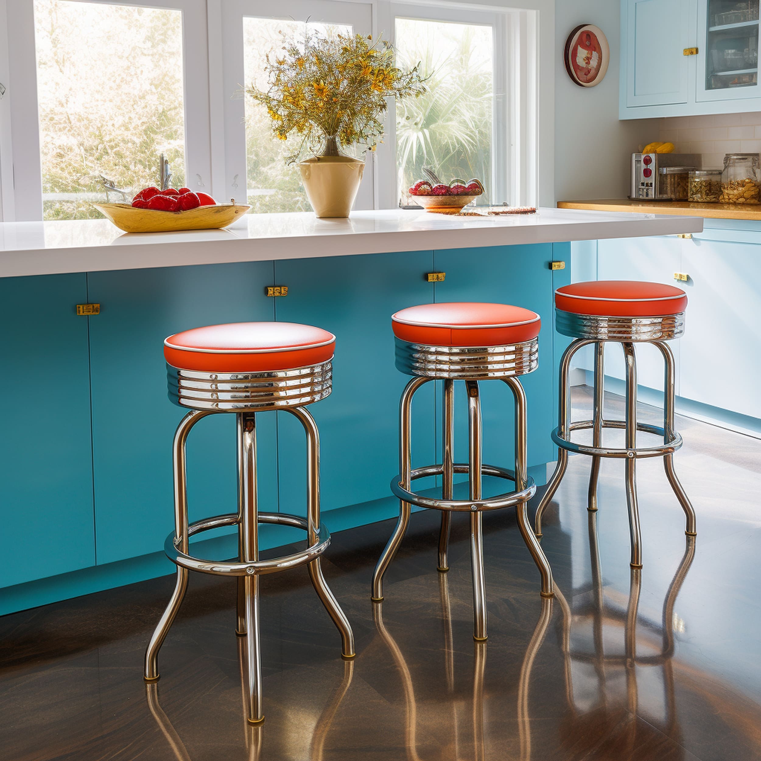 Modern Kitchen With Retro Style Round Bar Stools