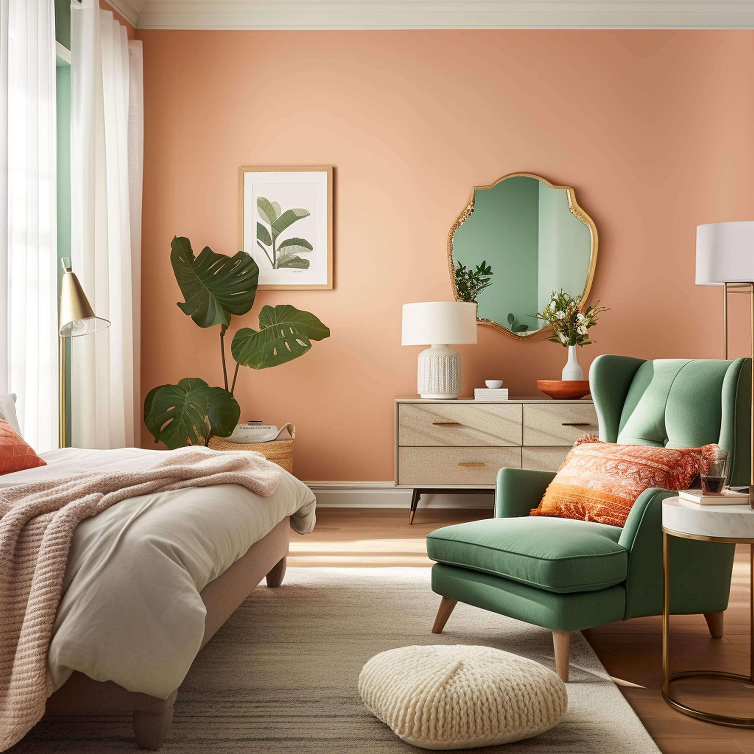 Peach Bedroom With Green Accent Chair